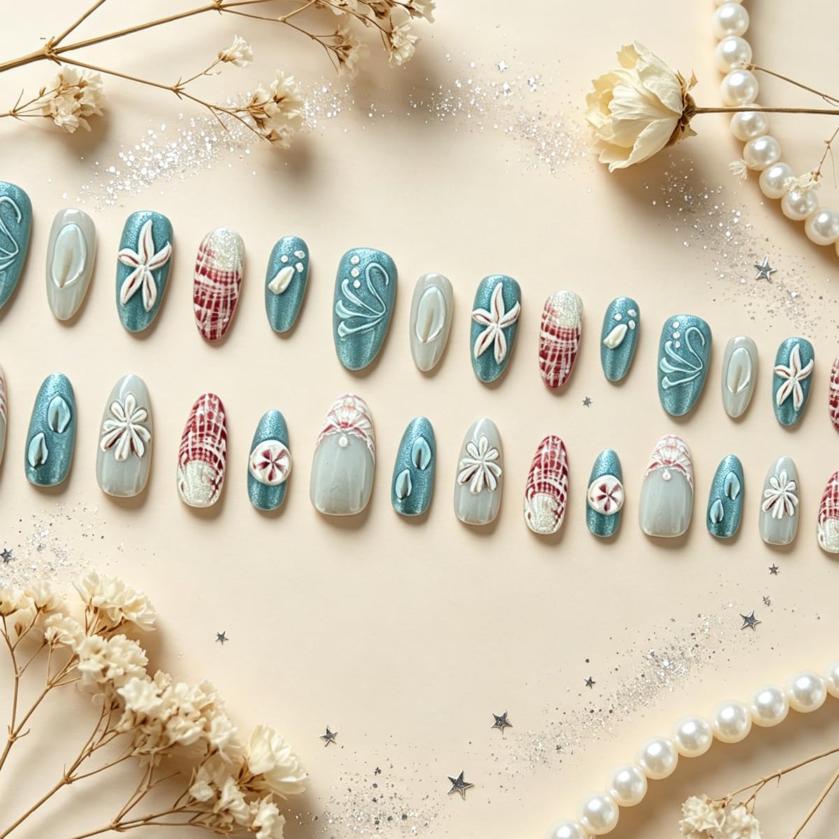3D Press On Nails Almond Medium Light Blue Fake Nails with Cat's Eye Embossed Marine Life Summer Beach Designs, Acrylic Artificial Nail Press ons False Stick On Nails for Women Girls 30Pcs