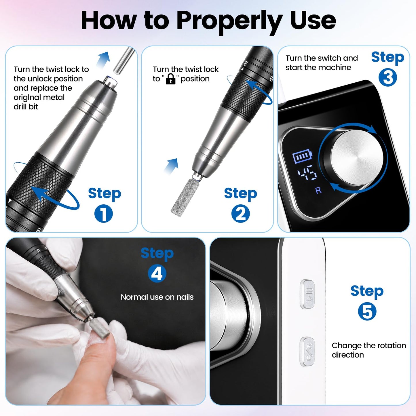 YSC Electric Nail Drill - 45000RPM Rechargeable Efile with Coreless Motor, Waterproof Nail Drill for Acrylic Nails, Portable Efile Kit for Home Salon Manicure Pedicure, Low Noise & Vibration Black
