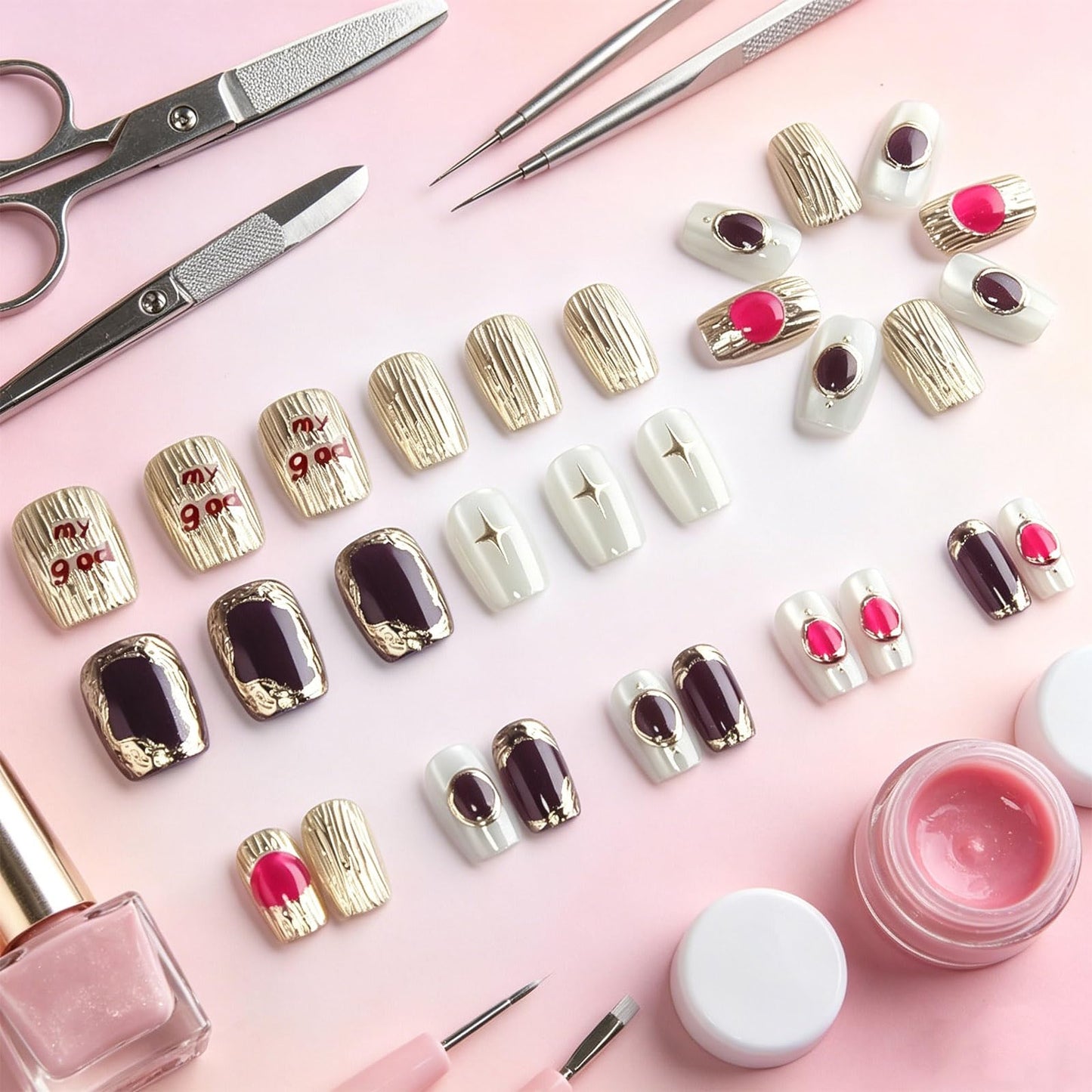 Luxury Gold Foil Press on Nails with 3D Gem Textured Design Glossy Brown Fake Nail Stars Short Square False Nails Summer Stick on Nail Starry Sky Glue on Artificial Fingernails for Women Daily Wear