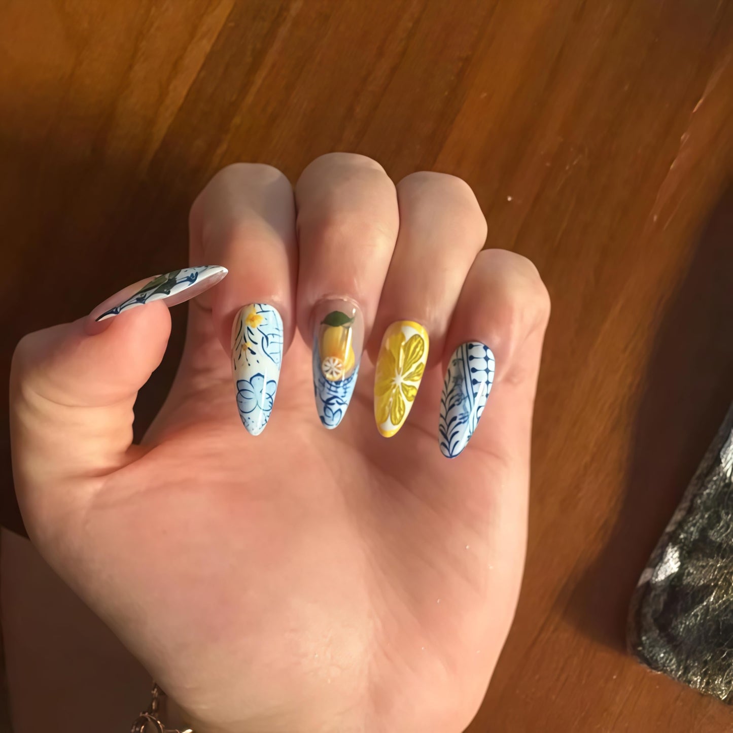 Handcrafted Press On Nails Italian Vacation Style Lemon & Blue Ceramic Pattern 100% Handmade Realistic Artistic Fake Nails With Adhesive Glue Tabs And Tool Gifts For Women (Hand-Painted Lemon,Long L)