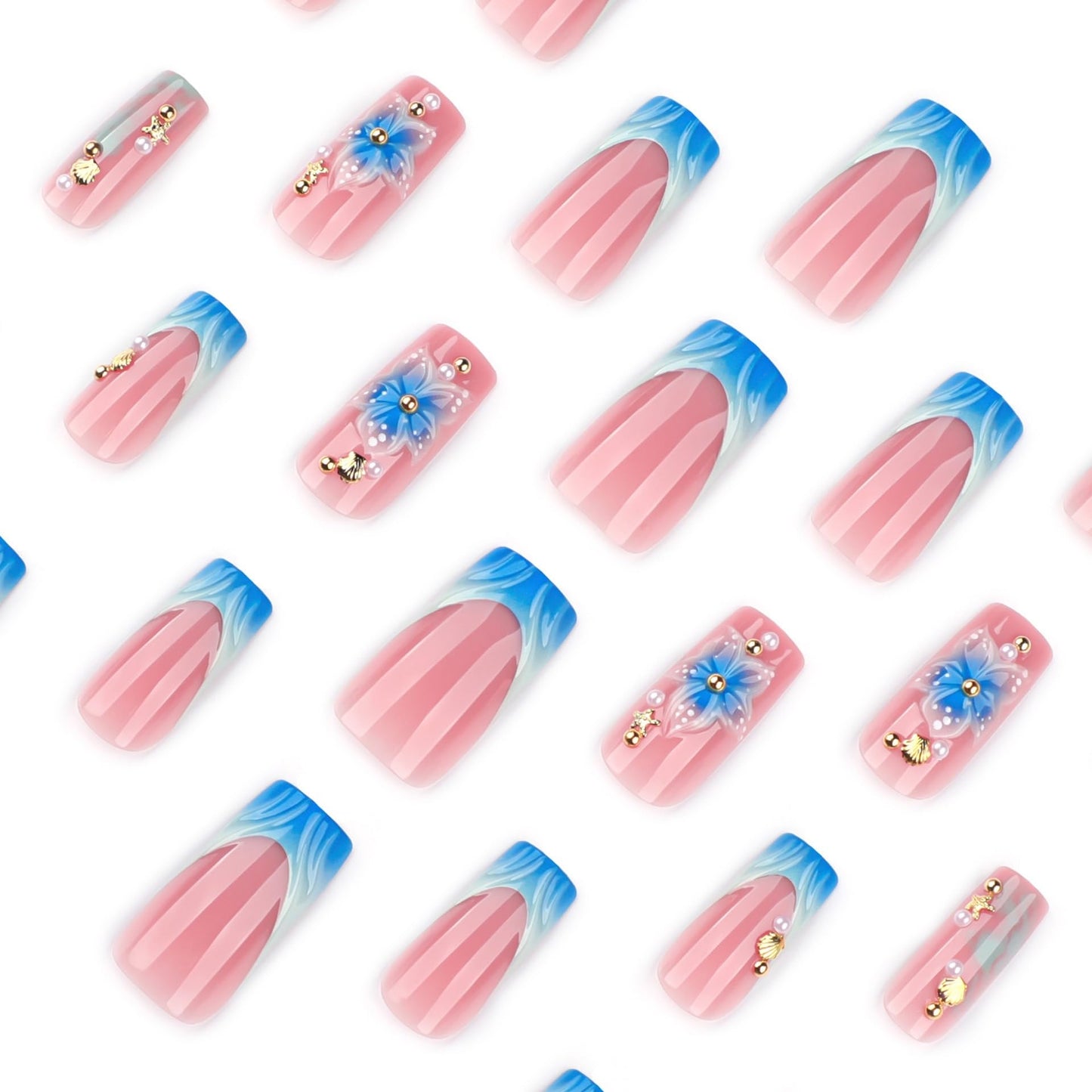 CTTHNBD Medium Press on Nails Square - Blue French Tip Fake Nails with Flower Design - Shell, Summer False Nails Press ons - for Women 24 Pcs