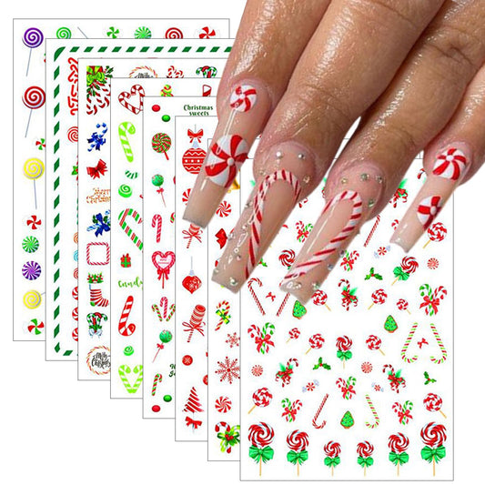 8 Sheets Christmas Colorful Candy Series Nail Art Stickers 3D Snowflake Bells Bow Nail Stickers Candy Christmas Tree Nail Decals Acrylic Nail Supplies for Women Girls Christmas DIY Nail Decoration