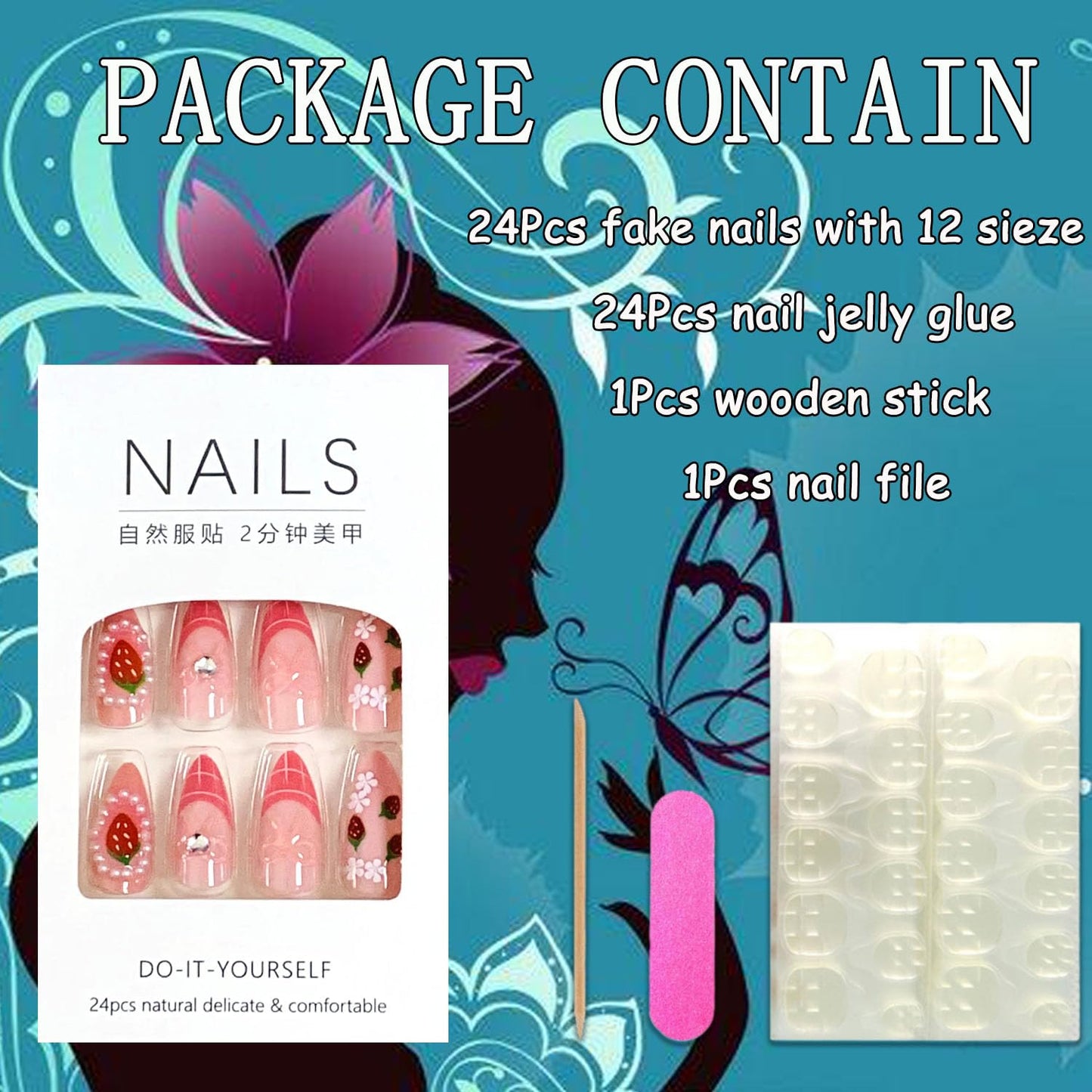 EYZOTSF Press on Almond Nails Medium Length Glossy Full Cover Acrylic Almond Shaped False Nails with Designs Artificial Fake Nail with Charms Glue Stick ons Fingernails for Women Girls(Z1105)