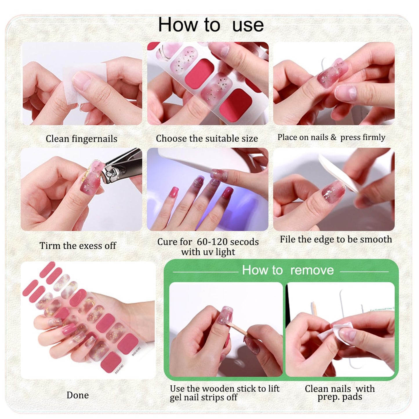 WOKOTO 2 Pack Semi Cured Gel Nail Strips, Lavender & Glossy Black 40 Pcs (10 Size) Full Nail Wraps With Nail File & Wooden Stick, UV Gel Nail Polish Strips Stickers For Women Girls, Salon Quality