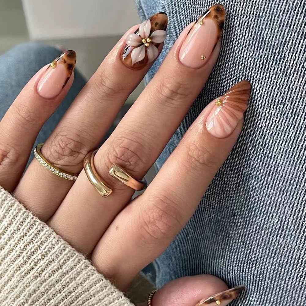 Almond Press on Nails Medium Glue on Nail with 5D Rhinestones Flower Charm Design Glossy Tortoise Shell French Tips Acrylic Nails Ombre Brown Fake Nails Fall Winter Nail for Women Manicure 24Pcs