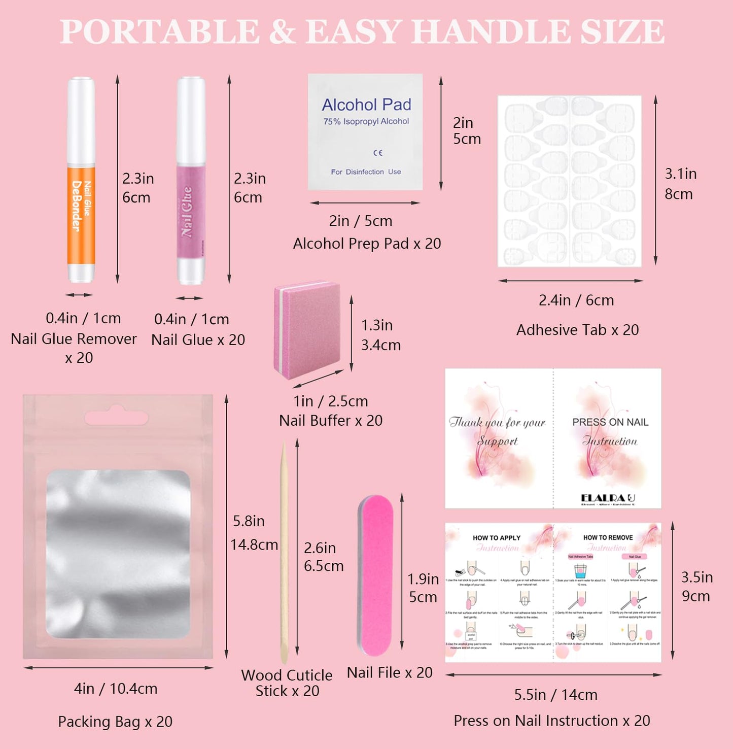 20PCS Press On Nail Tool Kit: Nail Prep Kit with Glue, Remover, Mini File, Buffer, Prep Pad, Adhesive Tabs, Wood Stick, Instruction Card