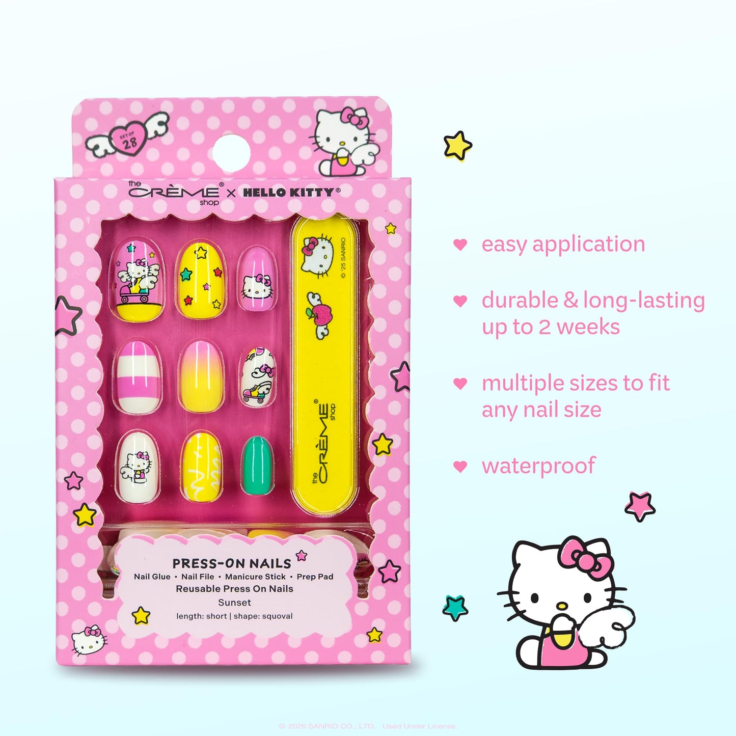 The Crème Shop x Hello Kitty Wings Collection Press On Nails, Short Squoval Shape, 28 Nails Kit with Glue and Tools (Sunset Wing)