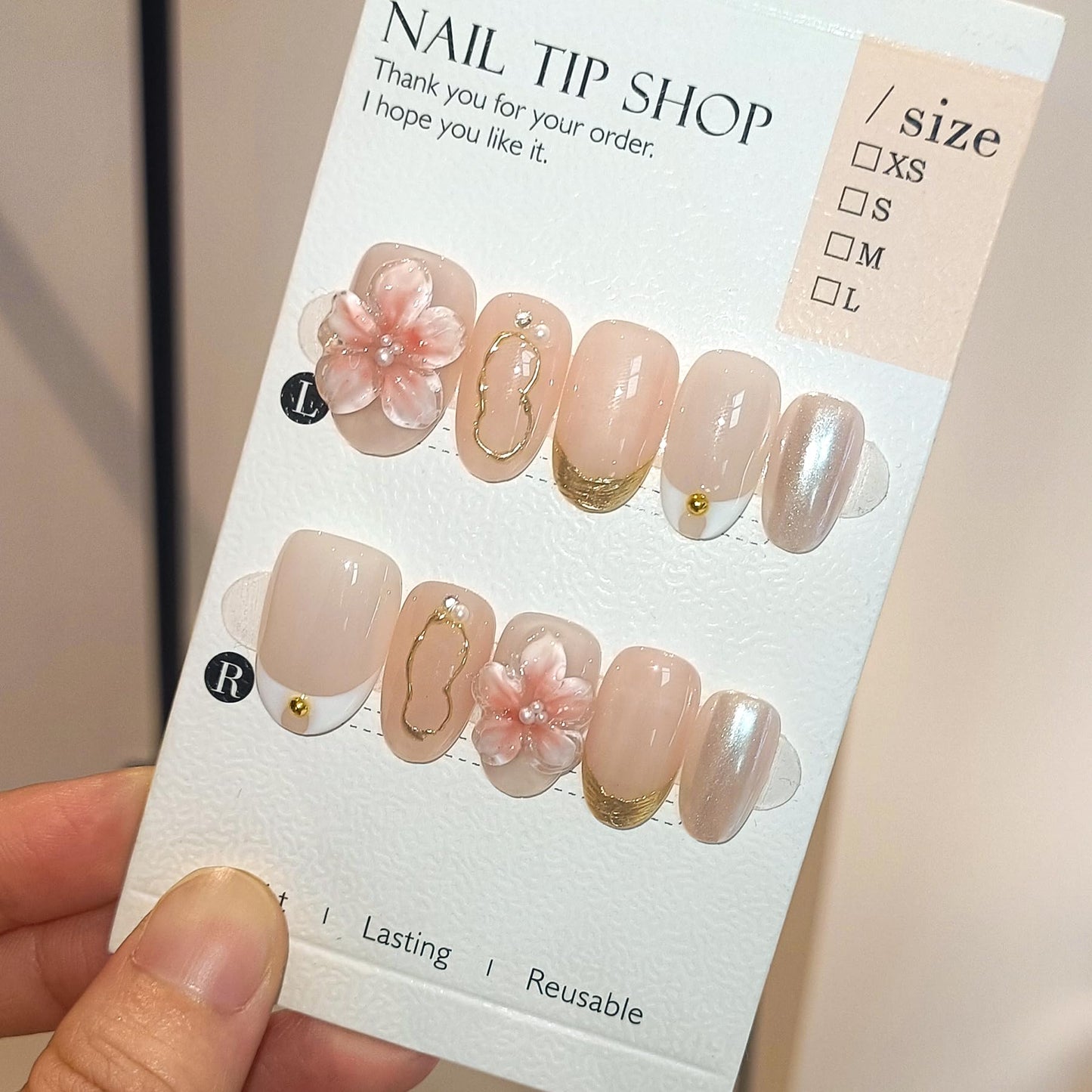 TENPAL Handmade Press on Nails Short Oval Shape,Frosted French 3D Floral Nails with Iridescent Accents,Nude Pink False Nails Kit 10pcs,Ethereal Elegant Designs Fake Nails for Daily(M)