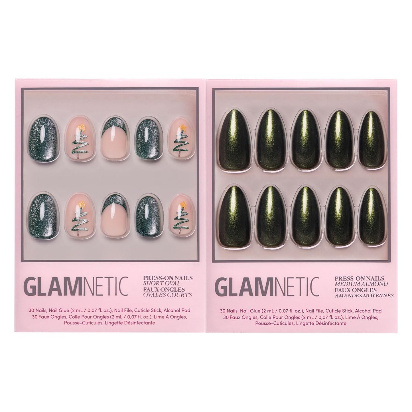 Glamnetic Press-On Nails Bundle - Velvet Pine & Cutie Pine | Deep Green Short Oval Fake Nails with French Tips, Tree Designs & Velvet Finish | Medium Almond Fake Nails in Deep Evergreen with a Pearl C