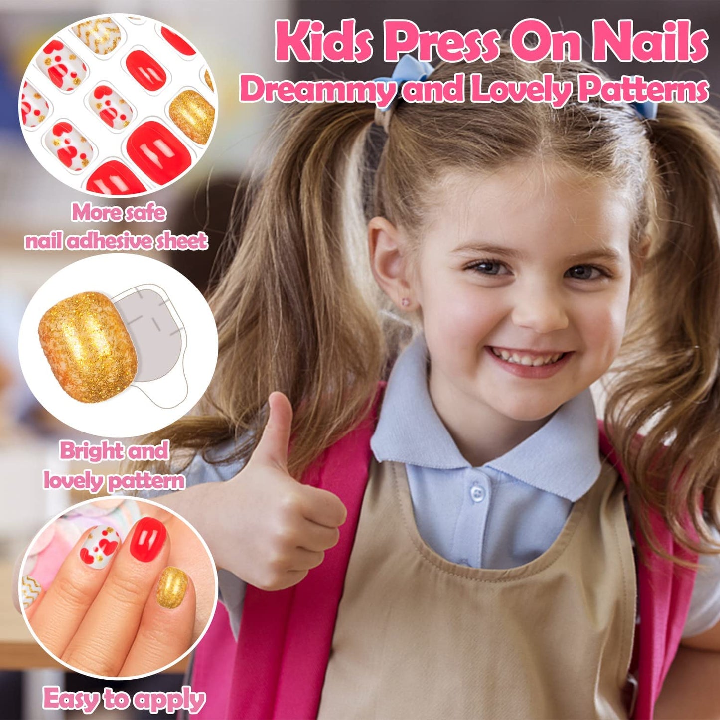144 Pieces Fake Nails for Kids Girls Artificial Kids Press on Nails Full Cover Short Acrylic Stick On Nails False Nail Tips Kit for Children Little Girls Nail Art Decoration (Sweet Pattern)