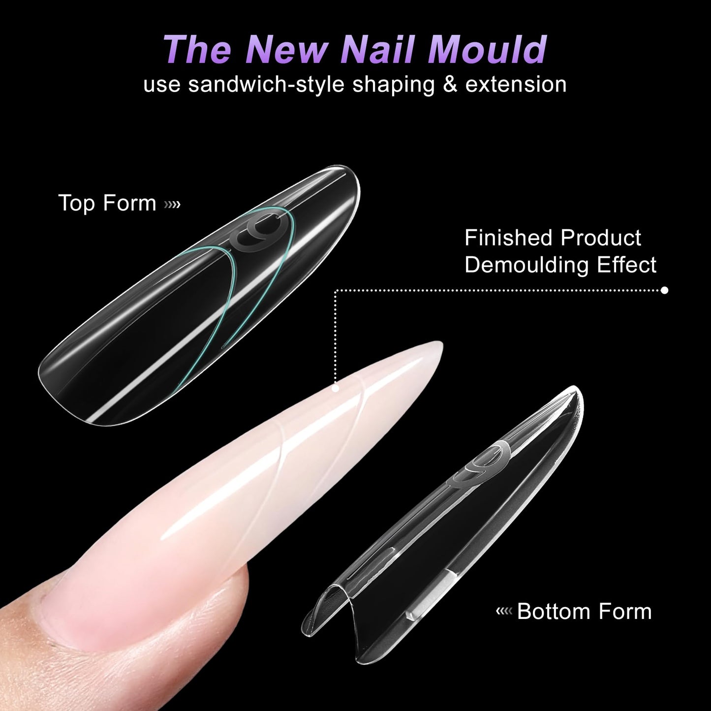 VOCOSTE 240pcs Sandwich Dual Nail Forms, Almond Round Nail Art Tools for Quick Nail Extension, 15 Sizes Plastic Reusable Form, Long Nails DIY Salon & Bride Party Manicure Kits