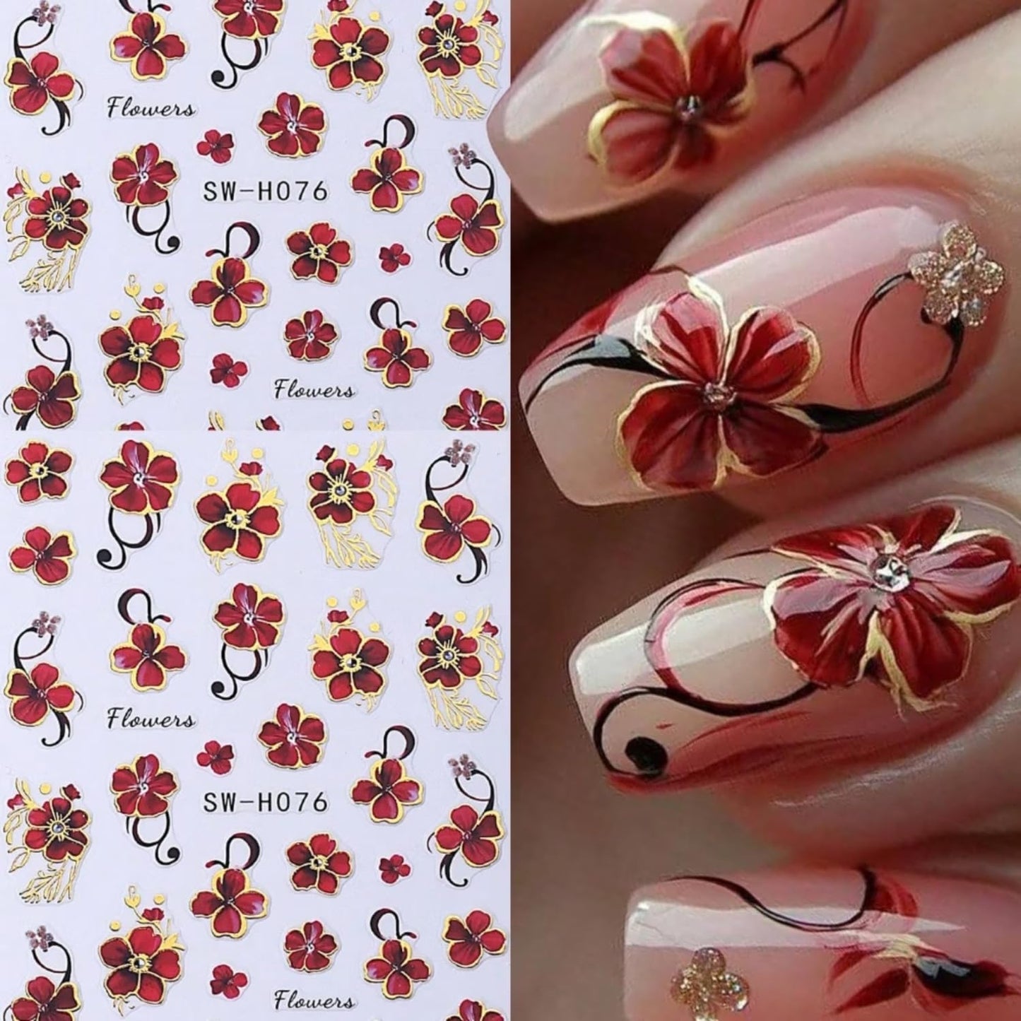 Red Flower Nail Art Sticker Decal 6Pcs 3D Elegant Self-Adhesive Nail Stickers Golden Trim Nail Decal Red Floral Nail Supply Spring Summer Flower Nails Design for Women Manicure DIY Decoration