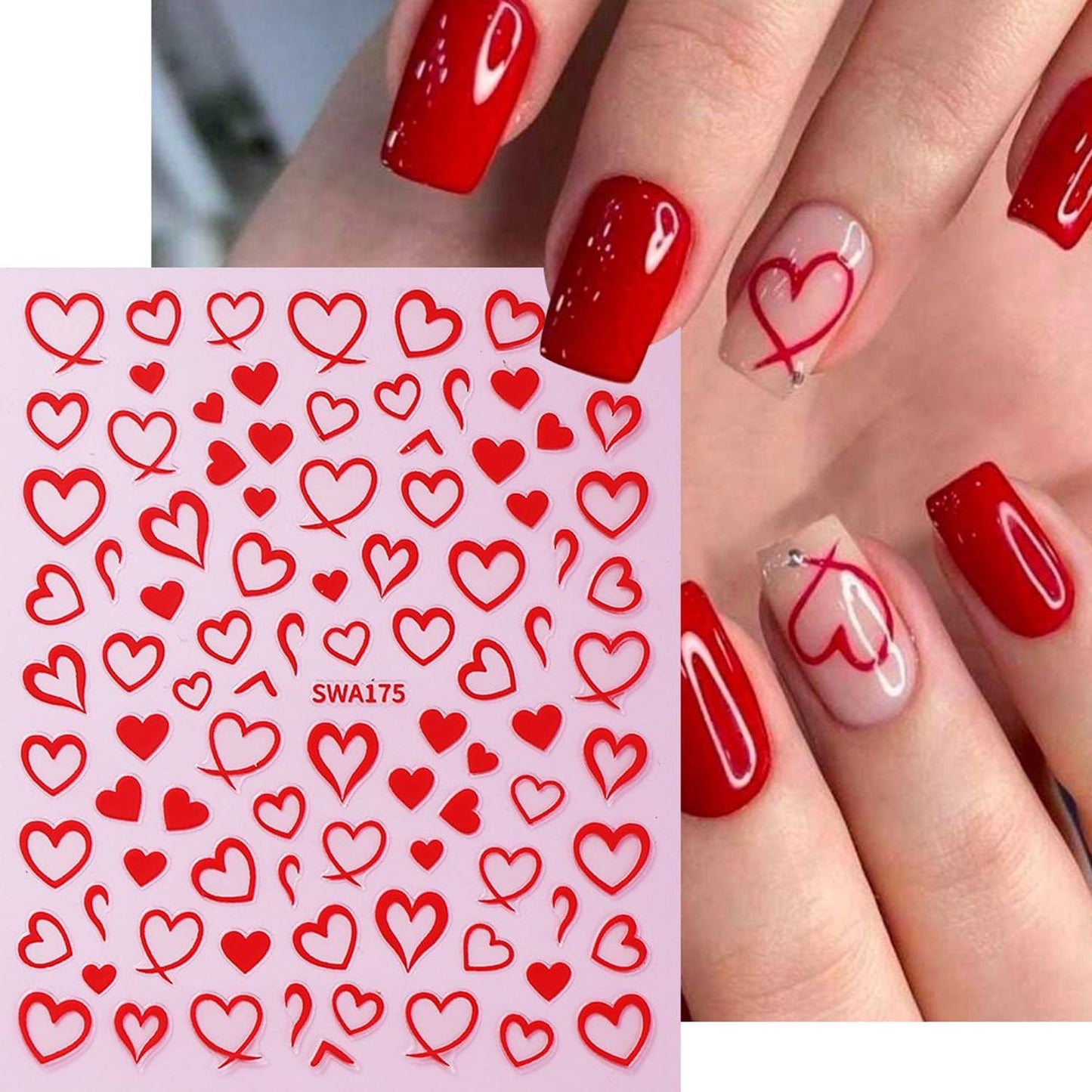 6Sheets Love Heart Nail Art Stickers Decals,3D Valentine's Heart Self-adhesive Nail Supplies Glitter Red Love Hollow Hearts Shaped Design French Nail Sticker for Women DIY Romantic Manicure Decoration