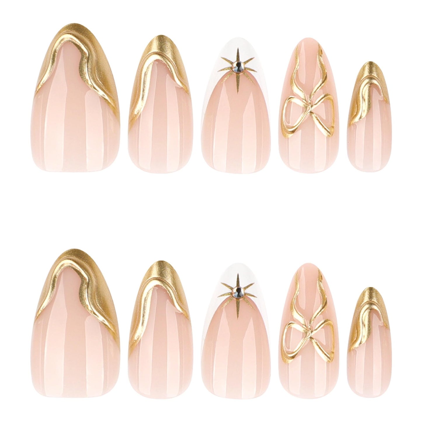 CTTHNBD Medium Press on Nails Almond - Gold French Tip Fake Nails with Bow Design - Starburst Stick on Nails for Women - 24 Pcs