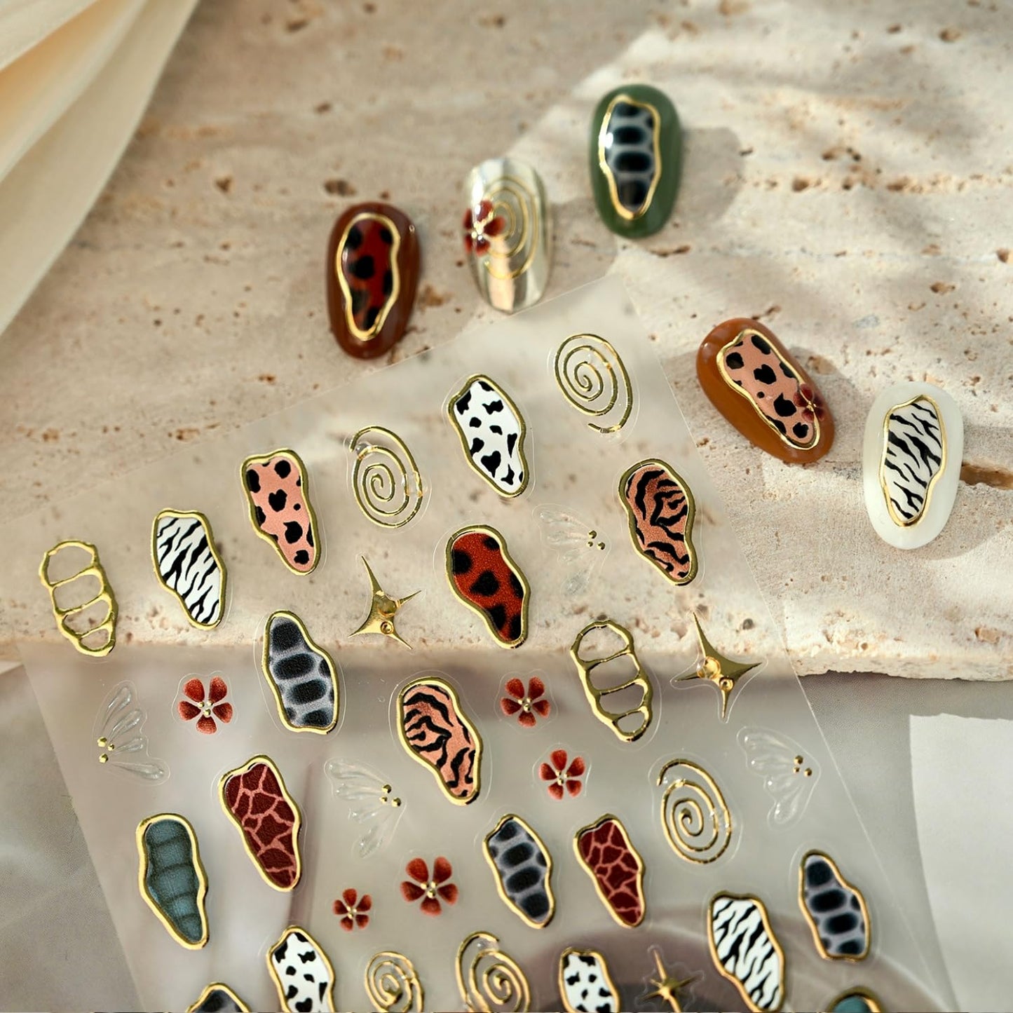 Leopard Nail Art Stickers 5D Embossed Irregular Geometric Nail Decals Gold Nail Stickers for Nail Art Brown Leopard Nail Design Charms Decoration Accessories for Women and Girls