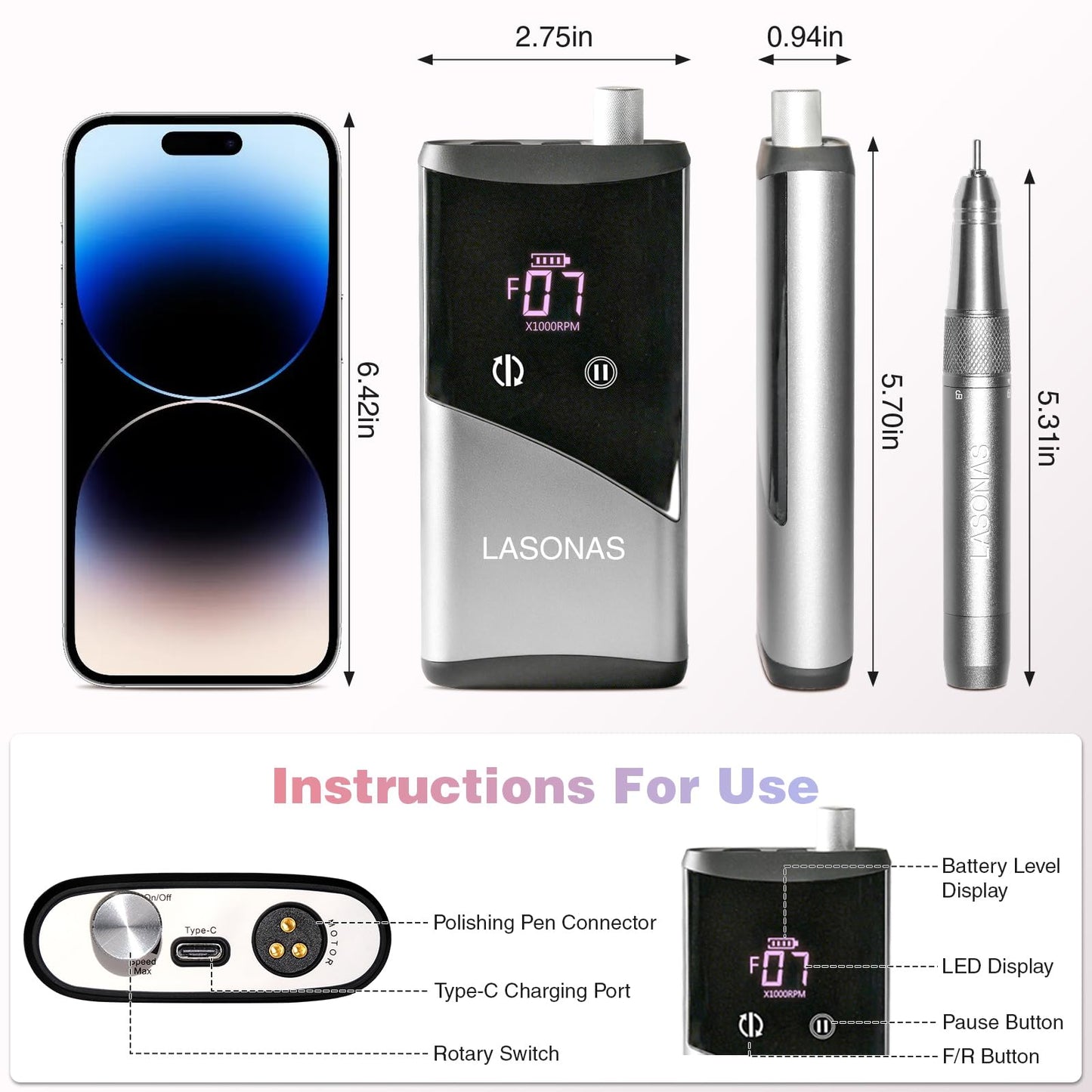 Electric Nail Drill Machine Professional, 40000 RPM Cordless Nail File with Silent Brushless Motor, Portable Rechargeable Nail Drill and Bits for Acrylic Gel Nails Polishing Removing