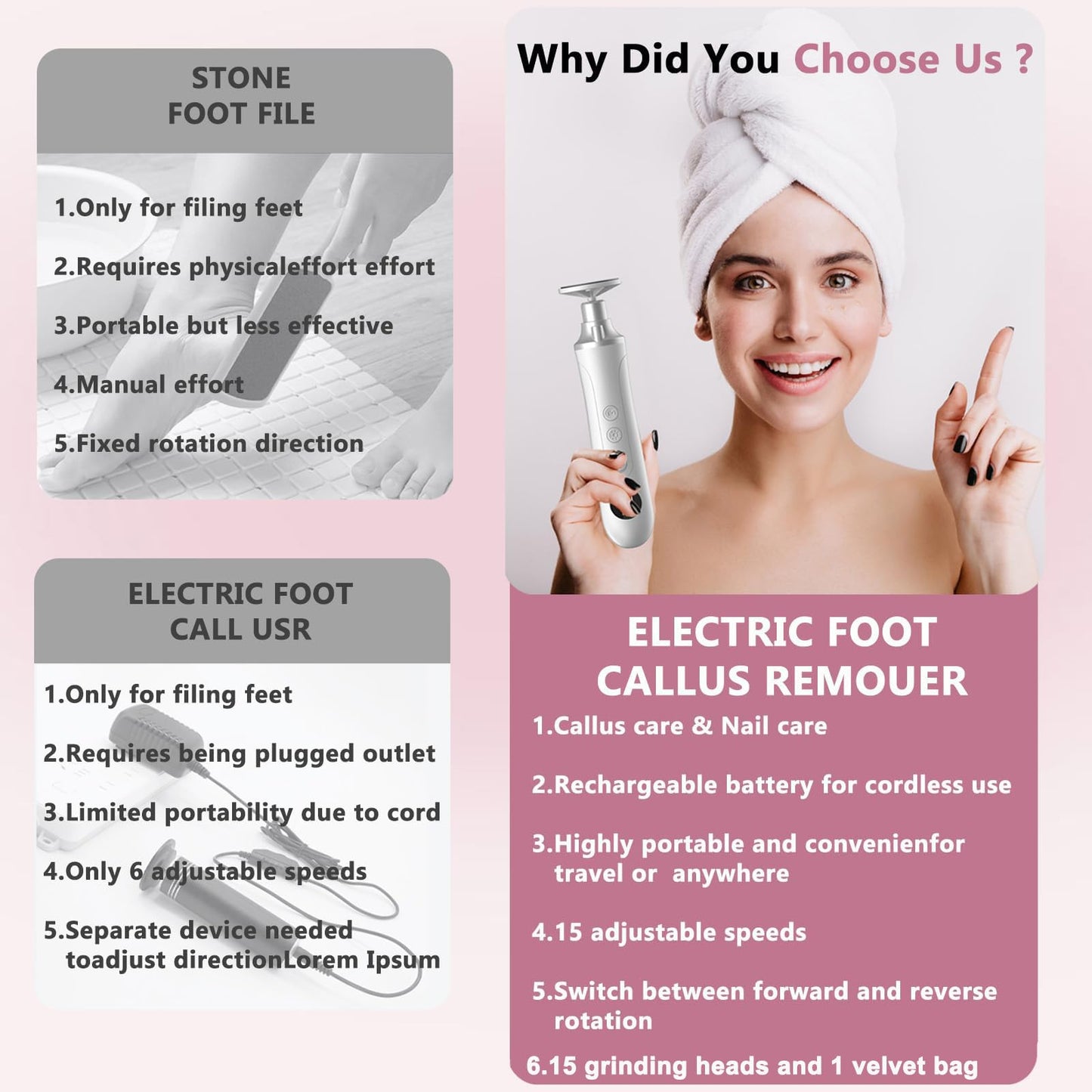 Electric Nail Drill Kit, Cordless Manicure Pedicure Kit with Memory Modes, 15 Speed Portable Nail Drill Machine, Callus Remover with 25Pcs Sandpaper Discs,Hand Foot Care Tool for Thick Nail Toenail