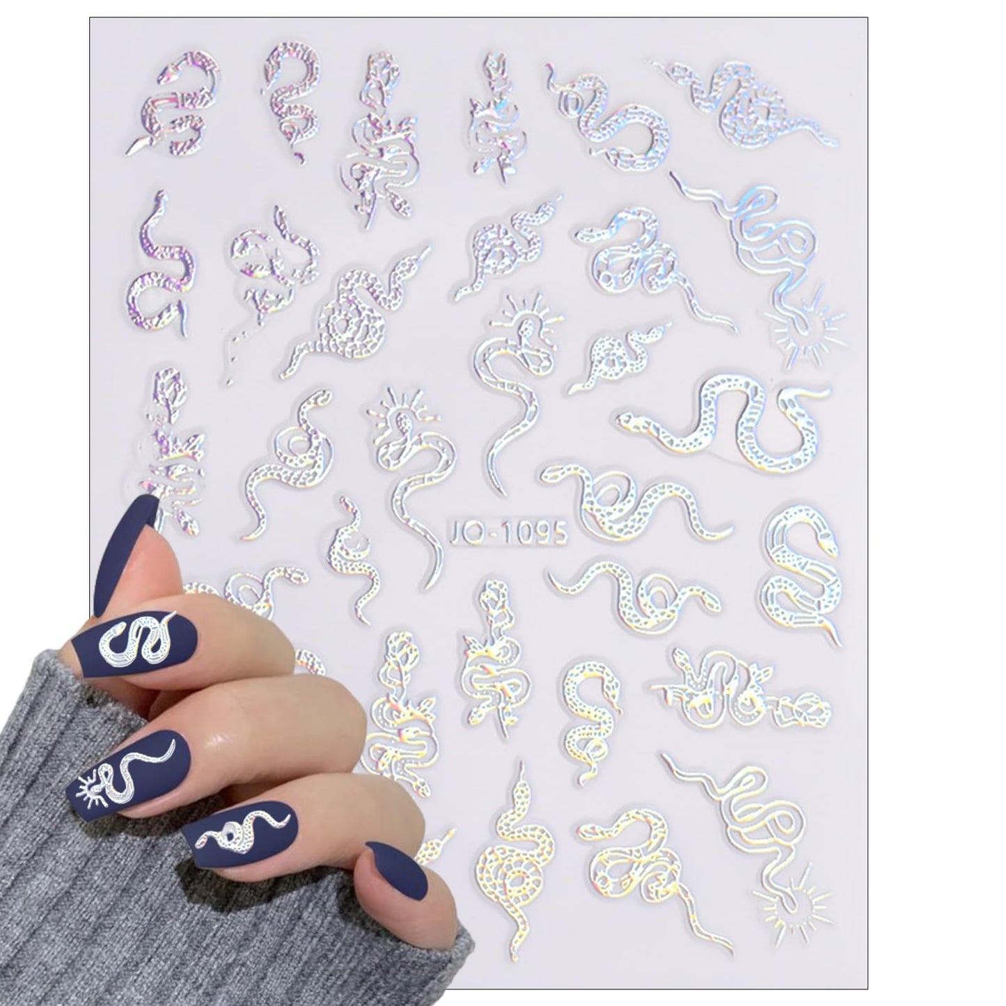 5 Sheets Aurora Silver Snake Nail Art Stickers 3D Self-Adhesive Laser Nail Decals Stars Sun Moon Line Holographic Designs Nail Stickers for Women Girls DIY Manicure Supplies