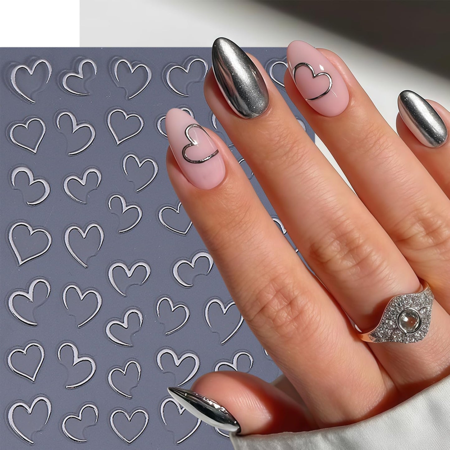 8 Sheets Heart Nail Art Stickers Valentines 3D Self-Adhesive Nail Decals Red Silver Gold Hollow Hearts Nail Design Heart Acrylic Decoration DIY for Women Manicure Supplies Decorations Accessories