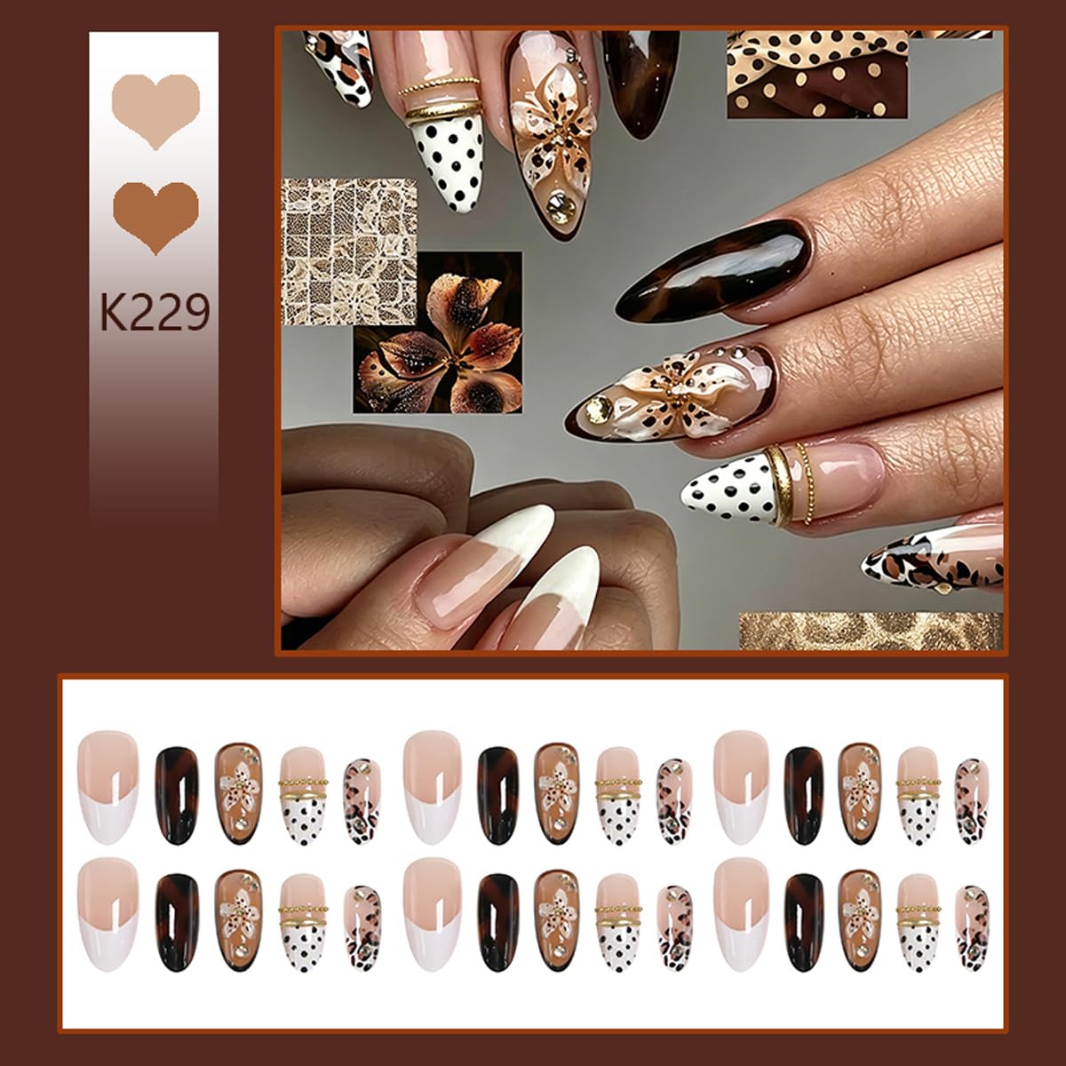 Brown Press on Nails Medium Almond Nails Press on with 5D Flower, Polka Dot & Tortoiseshell Design French Tip Fake Nails Leopard Print Glue on Nail Reusable Fall Summer Nail for Women Manicure 24Pcs