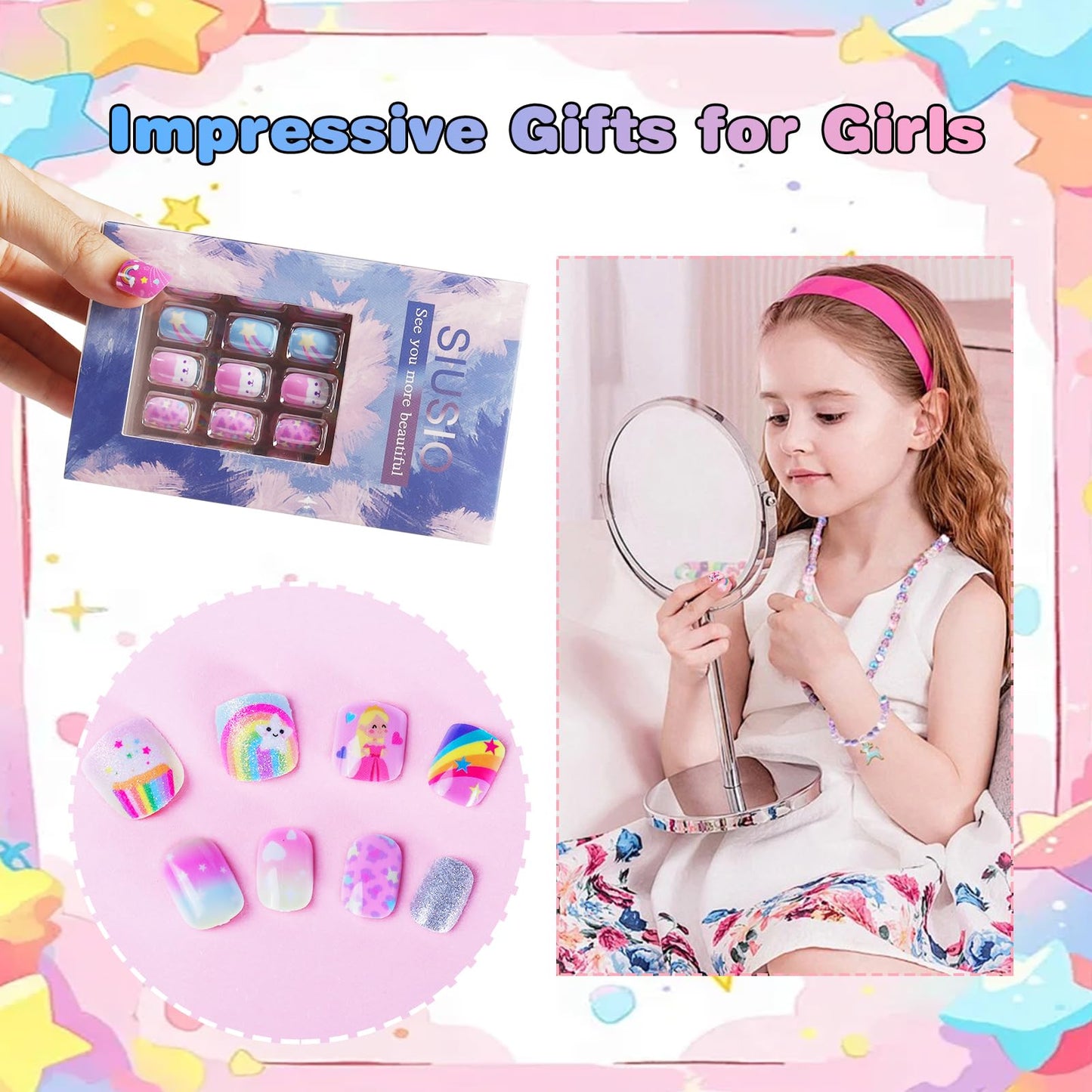 SIUSIO 6 Pack Press on Nails kids Children Acrylic Fake Nails Cute Pre-glue Full Cover Gradient Color Rainbow Short Stick On False Nail Art Kits Set for Kids Little Girls - Rainbow Dream