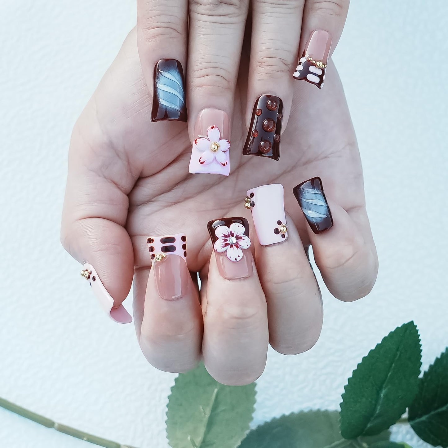 Tesytto Handmade Press on Nails Short Duck - Burgundy Nude Pink Ombre French Tip with 3D Cherry Flower & Y2K Gold Beads, Summer Reusable Acrylic Full Cover (Blush Mauve Flower Waltz, L)