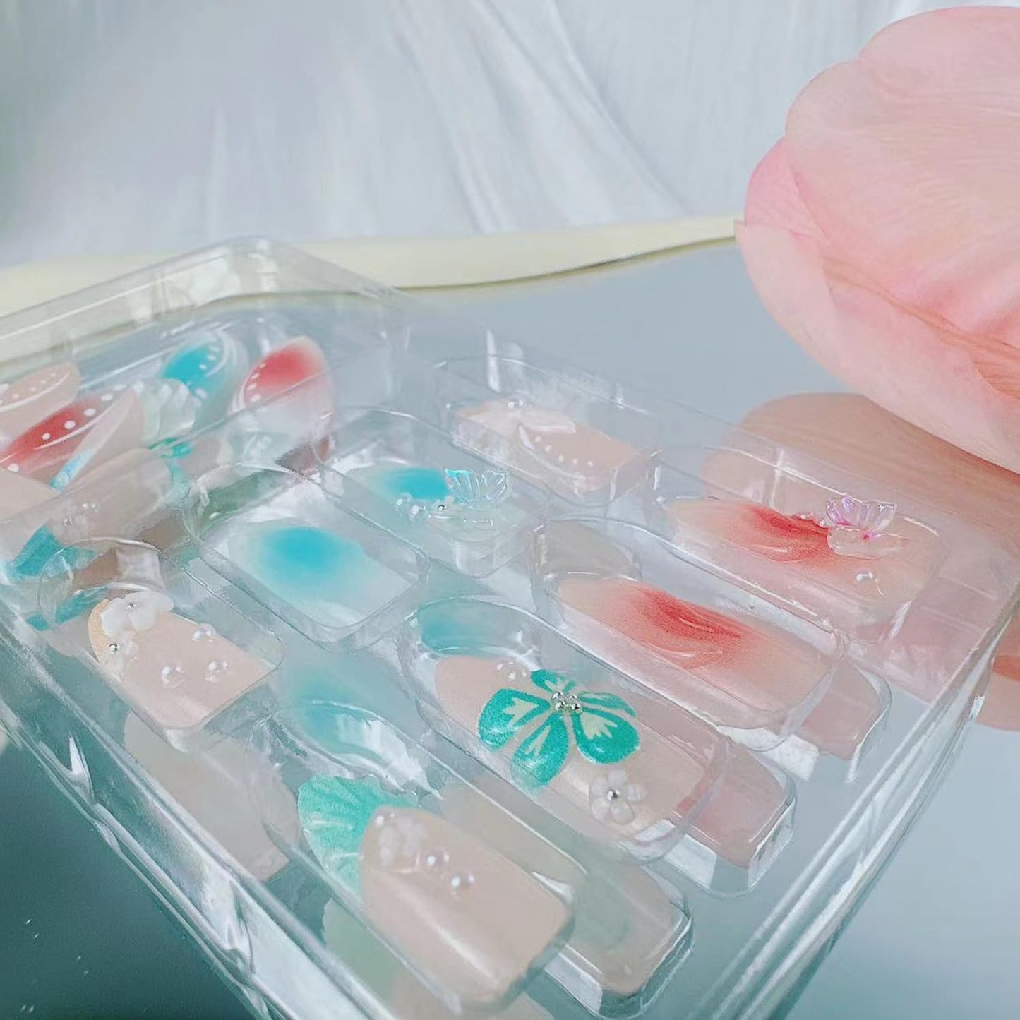 Blue Beach Press on Nails with Charms Medium Almond Fake Nails Shell Starfish Fake Nails French Nails Press ons Cute Flower Stick on Nails Short Acrylic Pearl Nails Rhinestones Nails for Daily Wear