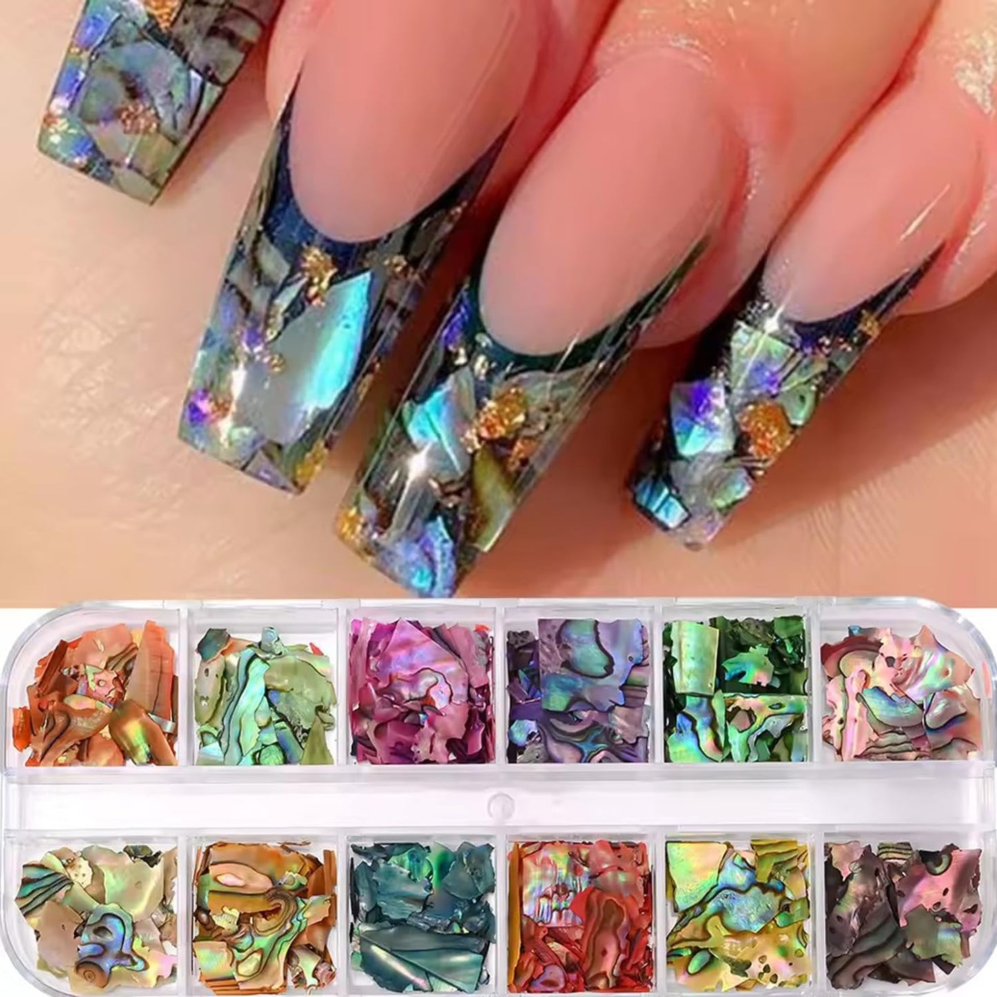 12Grids Nail Art Aurora Abalone Shell Flakes, Shiny Irregular Sea Shell 3D Charms Summer Slices Holographic Nail Art Sequins Natural Sea Shells Nail Glitters Manicure Paillette Tip Decor Accessories