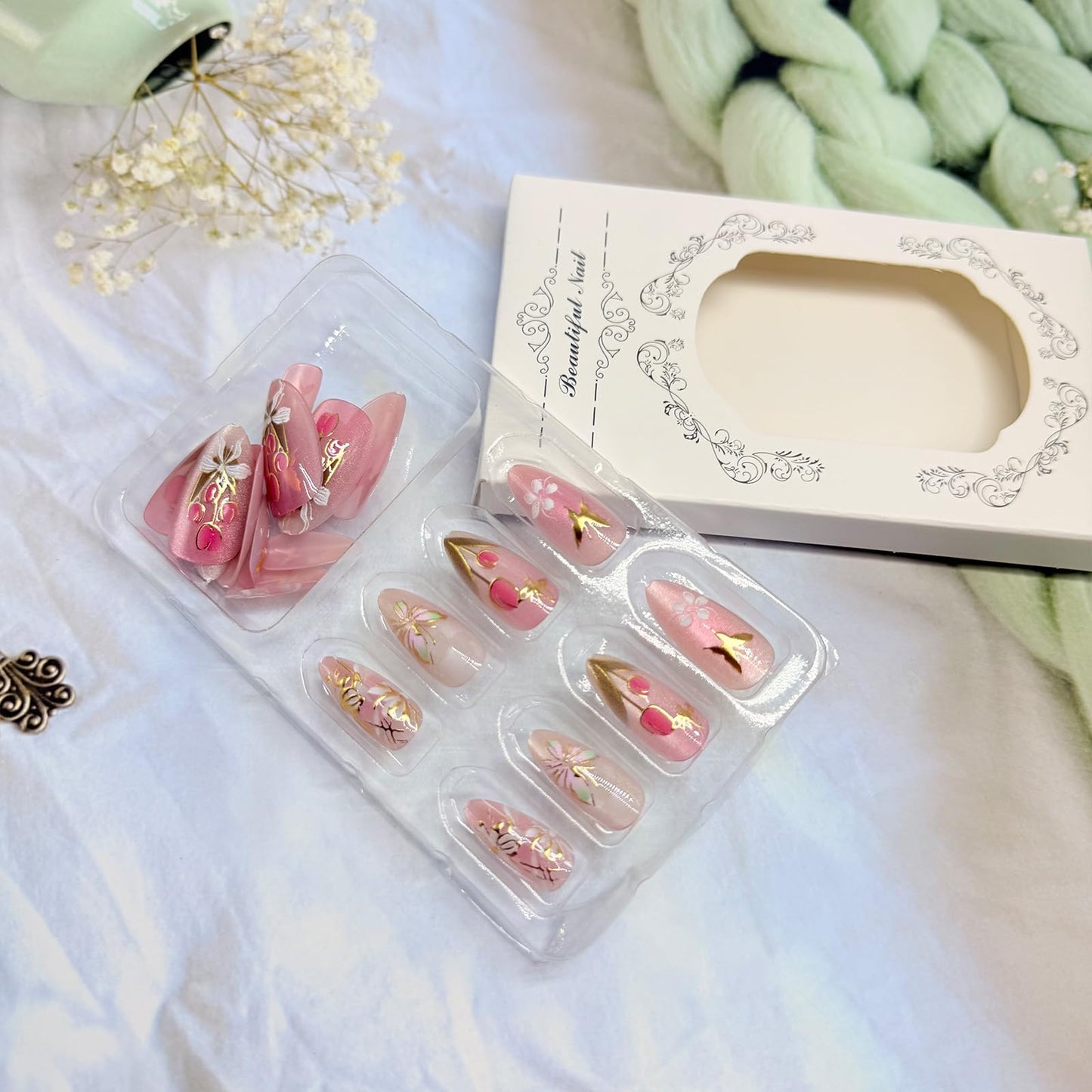 Flower Press on Nails Medium Almond Fake Nails with Designs Tulip Butterfly Stick on Nail Cute Glitter Acrylic False Nail Spring Summer Artificial Nail Glossy Full Cover Glue on Nails for Women