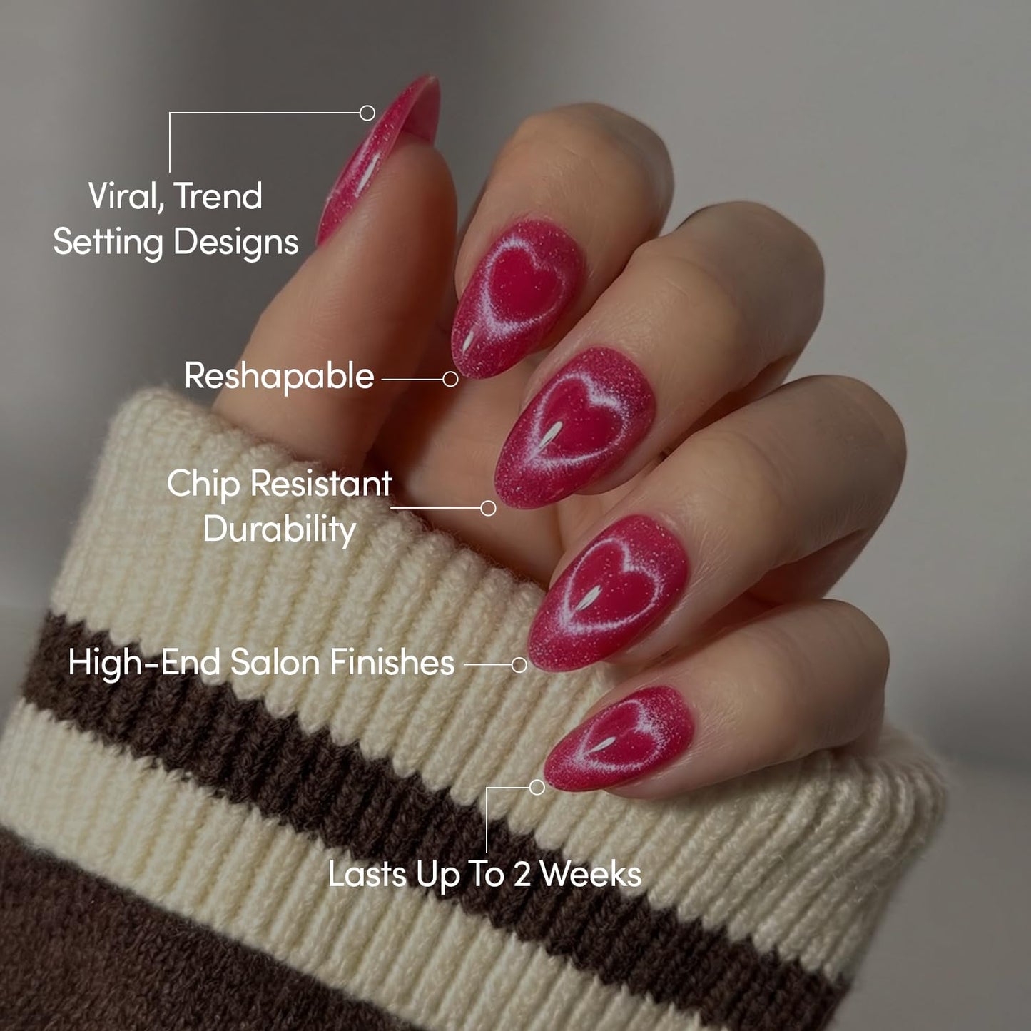 Glamnetic Press On Nails - Text Me Back | Short Almond Fake Nails in Hot Pink with Cat-Eye Magnetic Heart Designs in a Velvet Finish | 15 Sizes - 30 Nail Kit with Glue