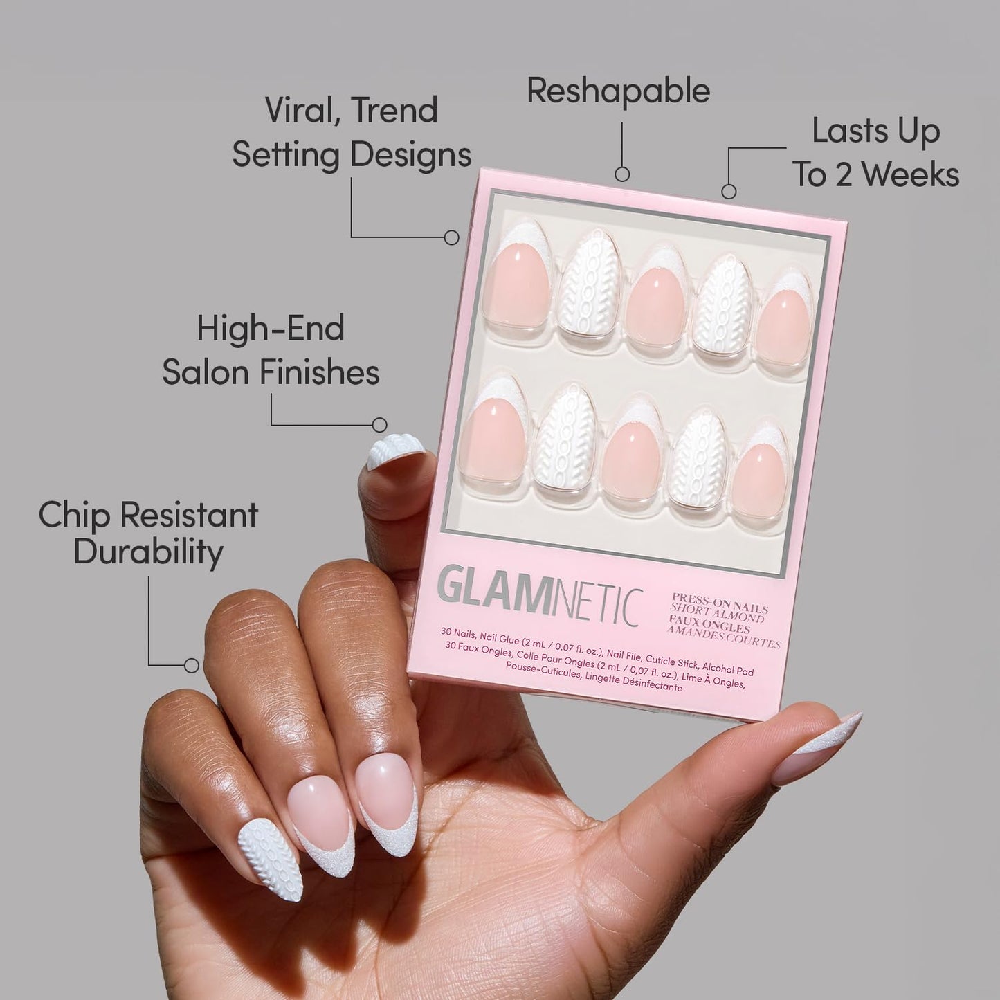Glamnetic Press-On Nails Bundle - Frosted Cranberry & Sweater Weather | Short Almond Fake Nails in Deep Red with Jelly Finish | Short Almond Fake Nails with White Glitter French Tips & 3D Designs | Du
