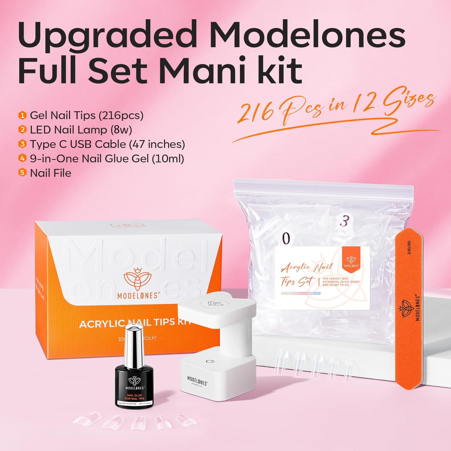 modelones X Nail Gel Kit Kit Short Square, 9-in-One Nail Glue with Portable U V Lamp 216Pcs 12Sizes Pre-Etched Press ons Fake Acrylic Extension Kit DIY Salon Gift for Women
