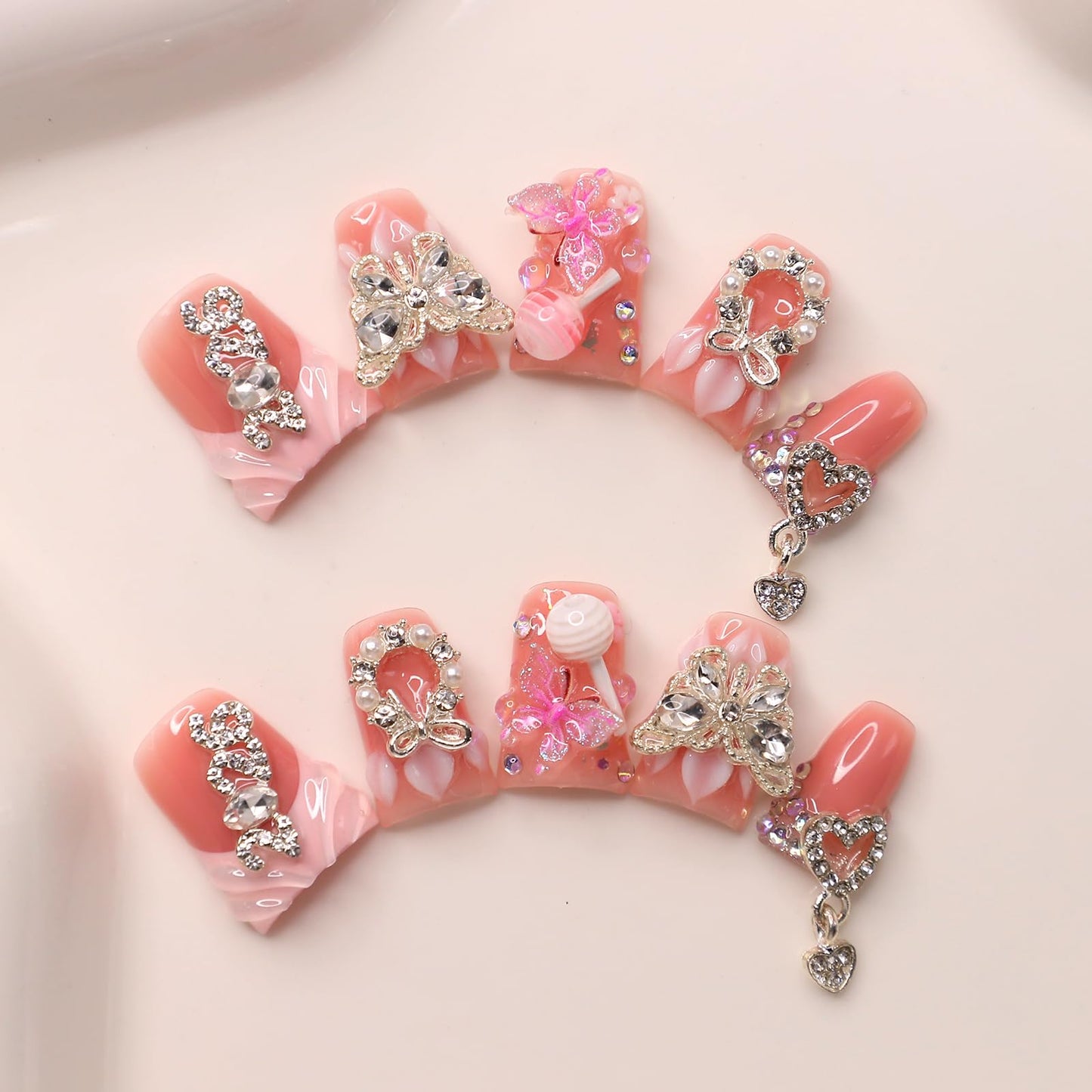10Pcs Pink Duck Press on Nails Handmade Fake Nails Reusable False Nail with 3D Butterfly Flower Rhinestone Design Acrylic Duck Nails Press ons Cute French Tip Artificial Stick on Nails for Women (M)