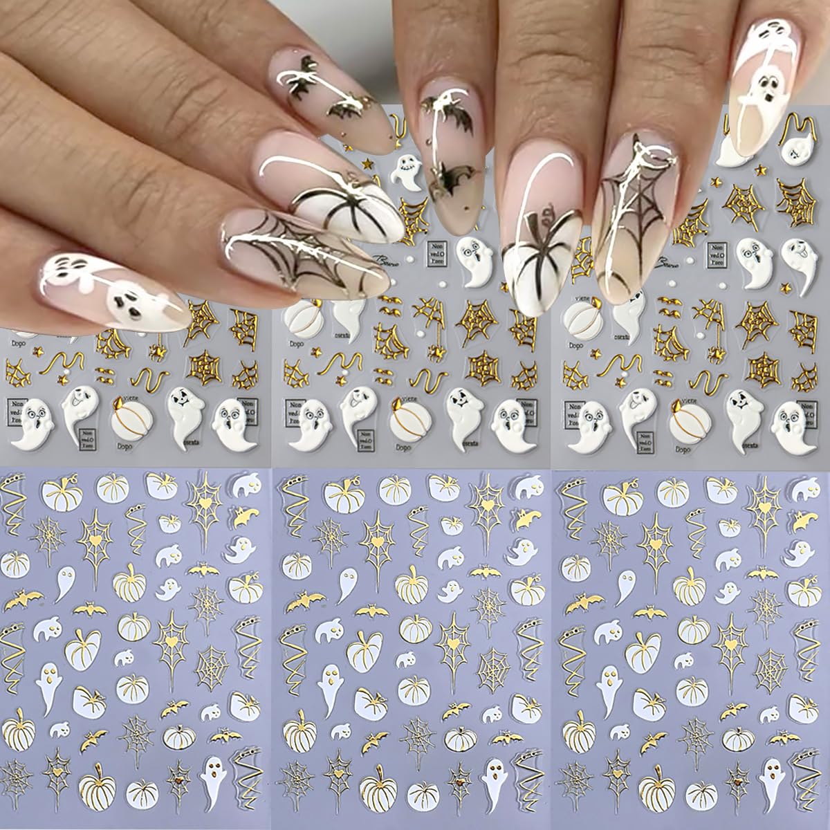 Halloween 5D Embossed Gold Spider Web Nail Art Stickers Cute Ghost Nail Art Decals Self-Adhesive Pumpkin Nail Decals Star Bat Nail Stickers Holiday Nail Supplies for Women Acrylic Nails 6 Sheets