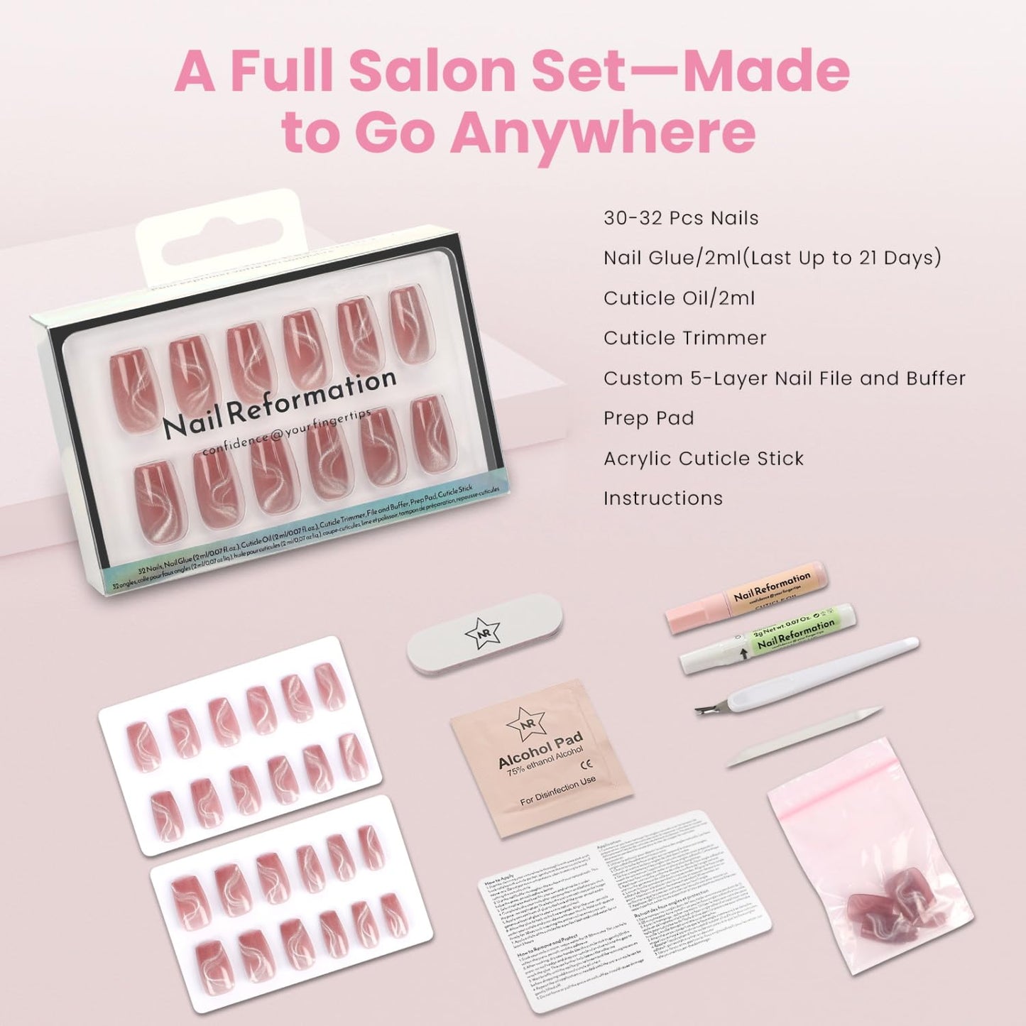 Nail Reformation Press On Nails, Pink Sway | Short Coffin Fake Nails with Velvet Cat Eye, Salon Quality, Reusable Stick On Neutral Nails in 16 Sizes - 32 Nail Kit with Glue, Manicure Gifts for Women