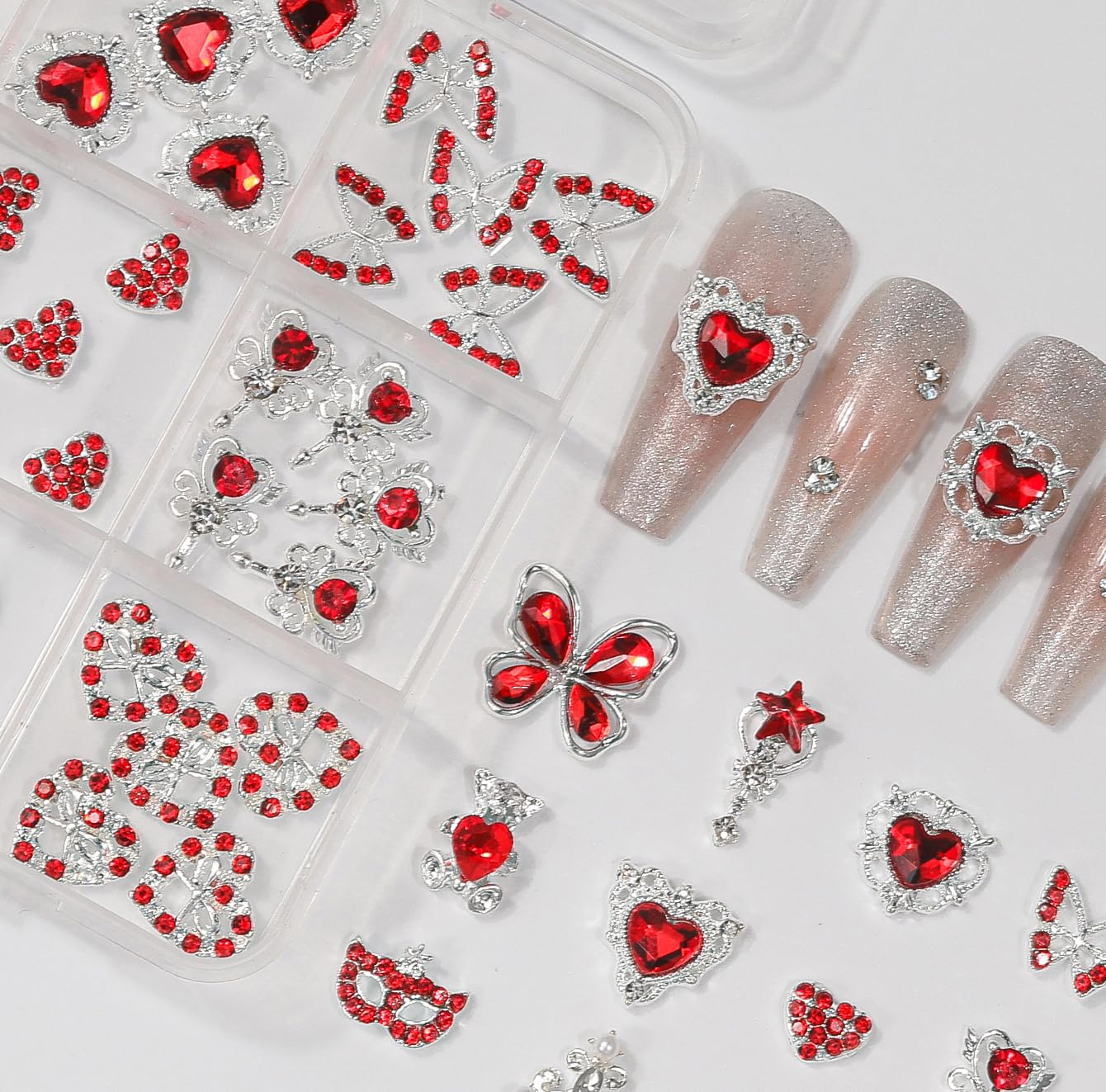 COOSLIM 60 Pcs Heart Nail Charms, Rhinestone Red Butterflies Nail Art Gems, Star Heart Butterfly Charms Decorations Sailor Moon Acrylic Nail Accessories for Women DIY Crafts 2