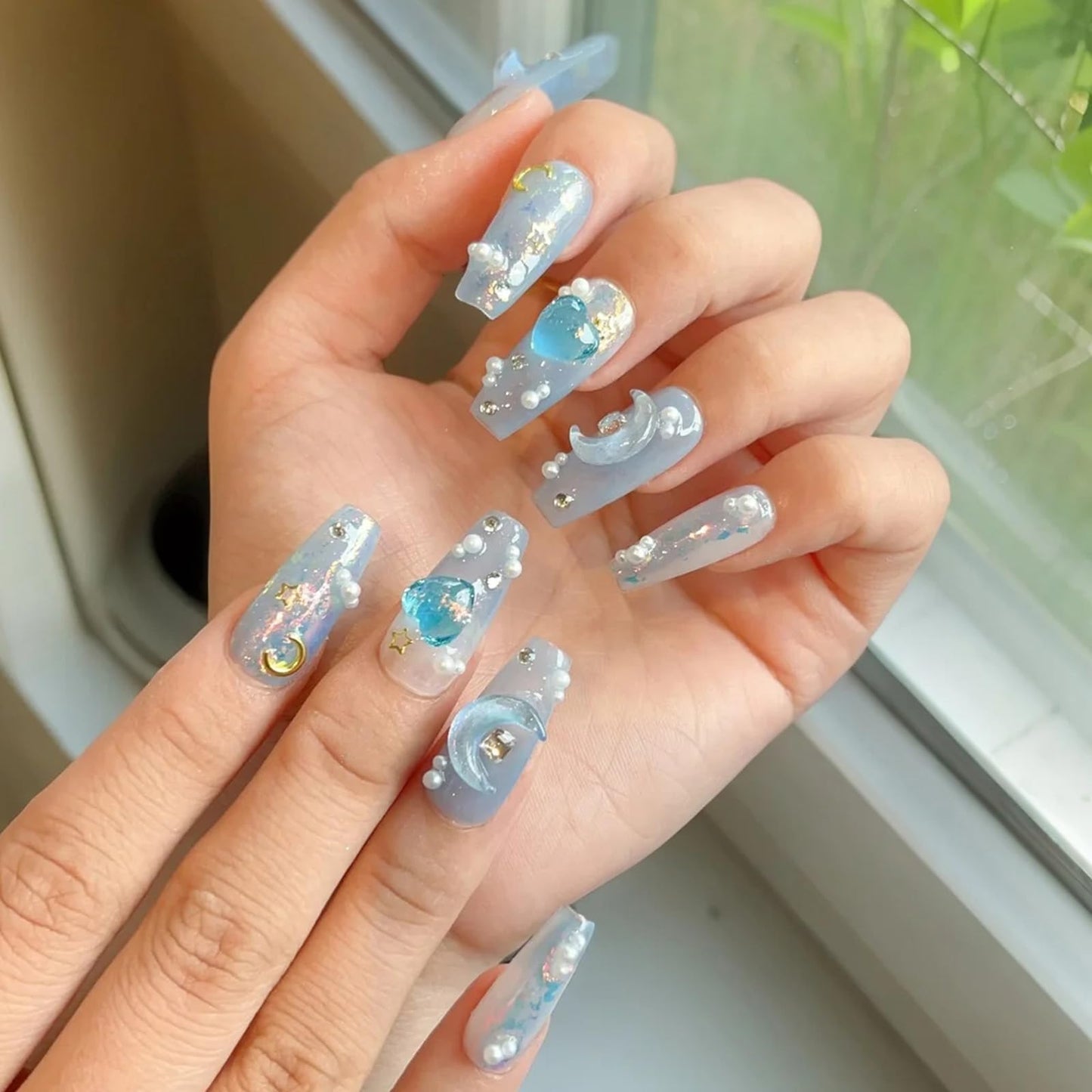 10 Pcs Blue Coffin Press on Nails Handmade Fake Nails with 3D Heart, Moon, Star Nail Art Design Reusable False Nails Kit Handmade Acrylic Nails Press ons Medium Holiday Stick on Nail for Women (S)