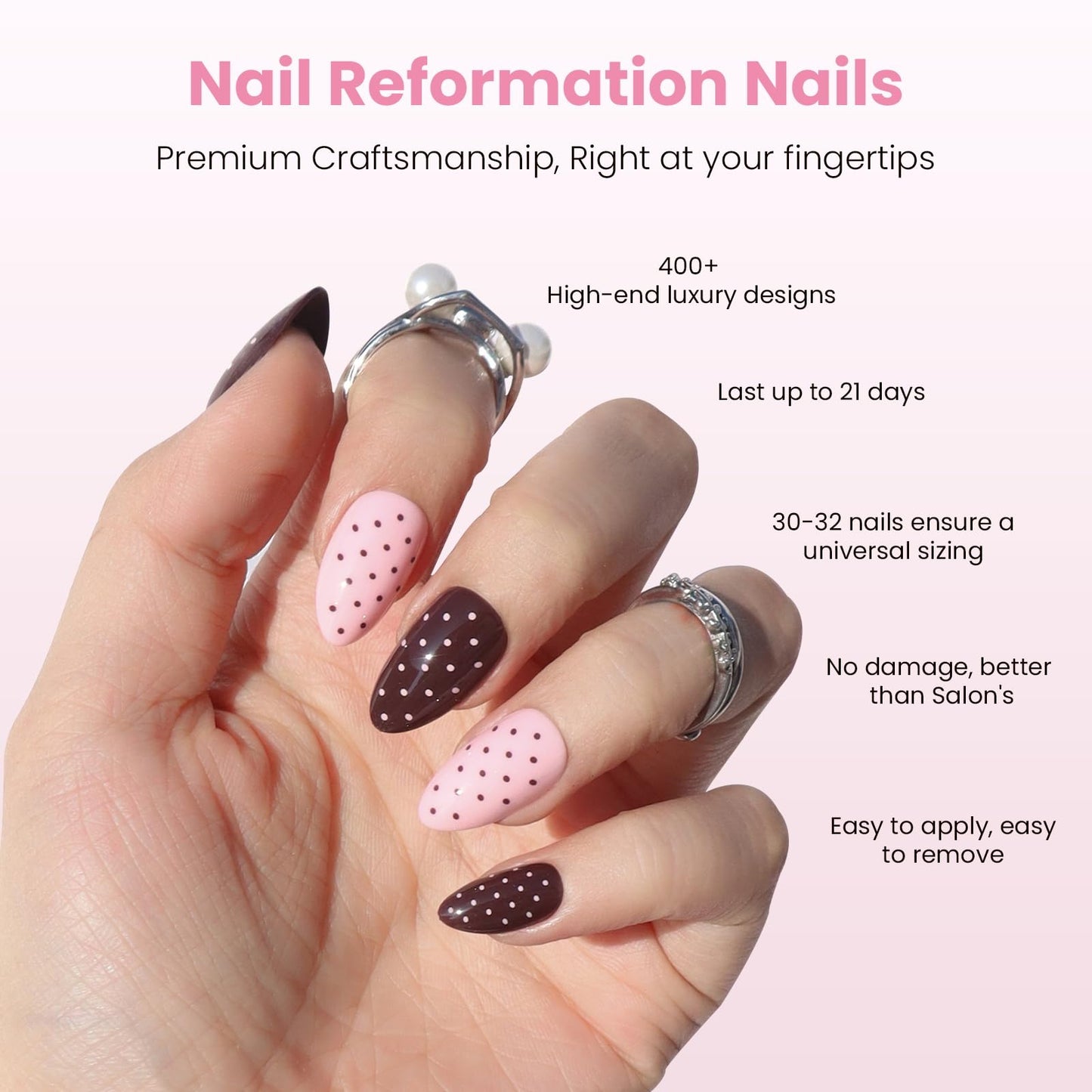 Nail Reformation Press On Nails, Double Dip | Polka Dot Short Almond Fake Nails in Rich Brown and Creamy Pink with Glossy Finish, Reusable Stick On Nails in 16 Sizes - 32 Nail Kit for Women Gifts