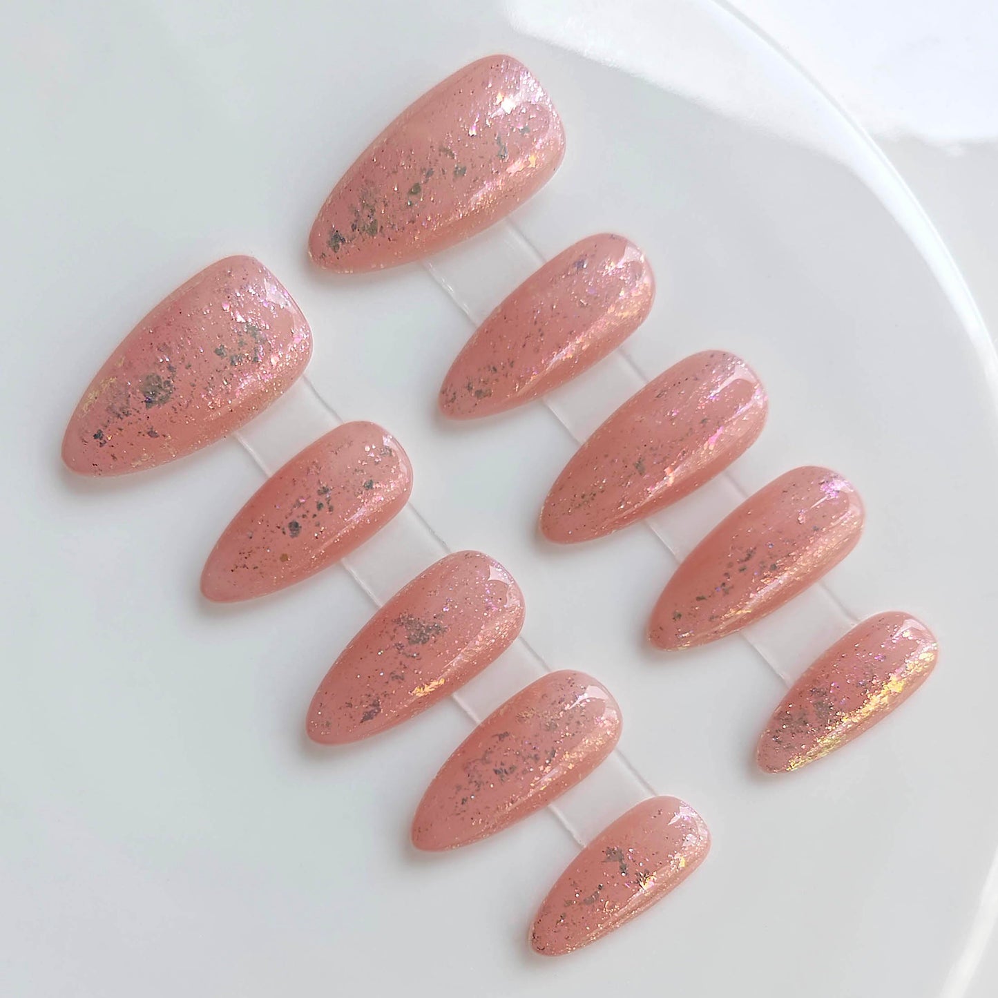 Gleamrain Almond Medium Handmade Press on Nails Nude for Women, Handcrafted Glitter Design Reusable Full Cover Fake Nail for Daily Wear Party Birthday D317
