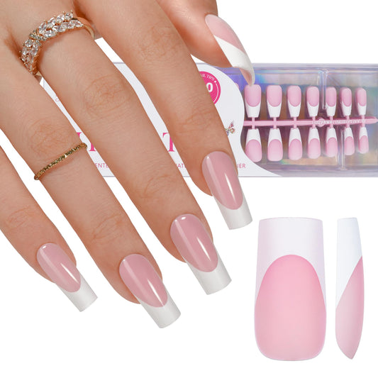 French Gel Nail Tips - Jofay Fashion French Tip Press on Nails, 10-Piece Set 320Pcs Pink long Square Nail Tips, No Need to File 3 in 1 Acrylic Fake Nails for Nail Art DIY & Nail Extension, 16 Sizes