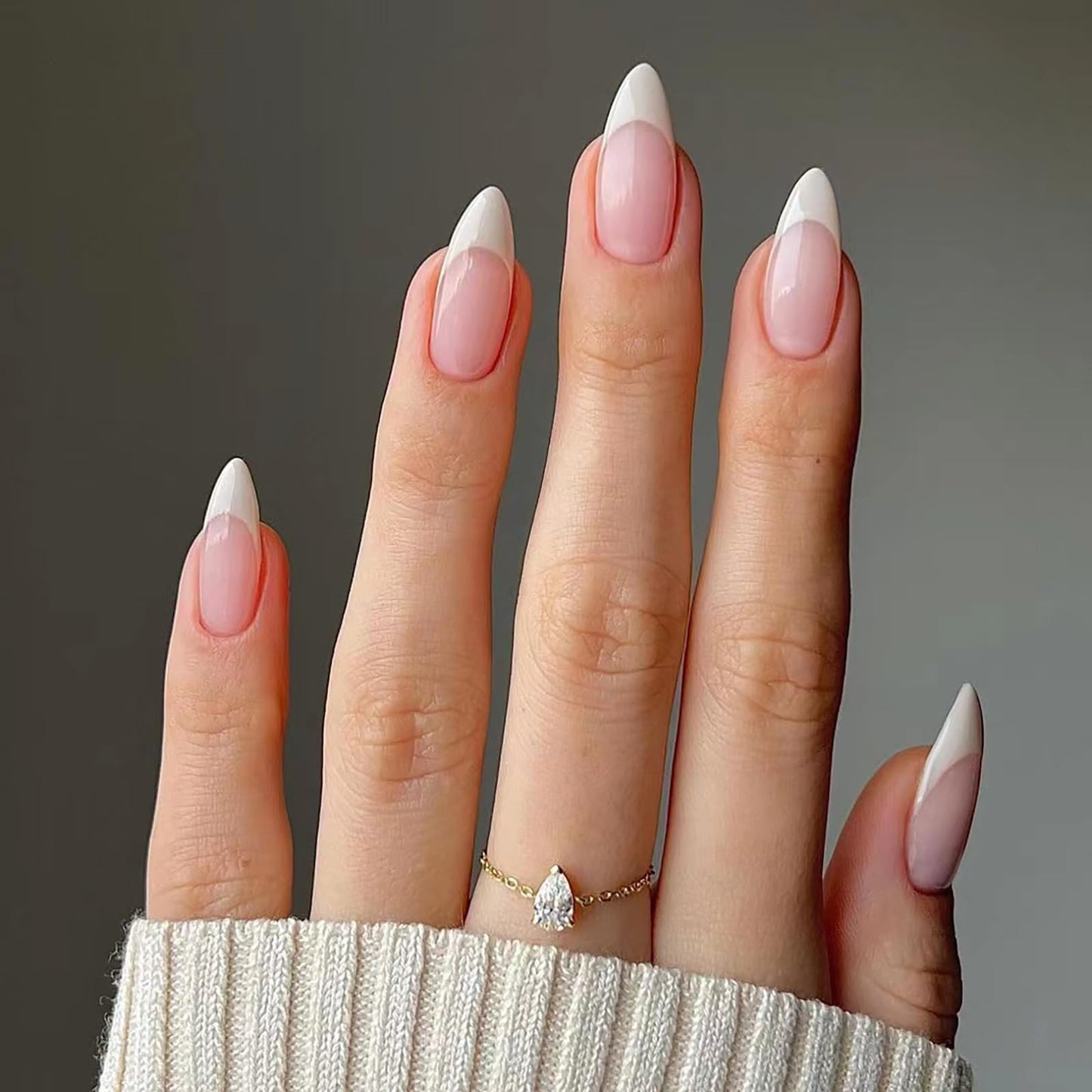 French Tip Press on Nails Medium Almond Fake Nails Nude Pink White Nails Press ons Acrylic Nails False Full Cover Artificial Stick on Nails for Women Girls 24 Pcs