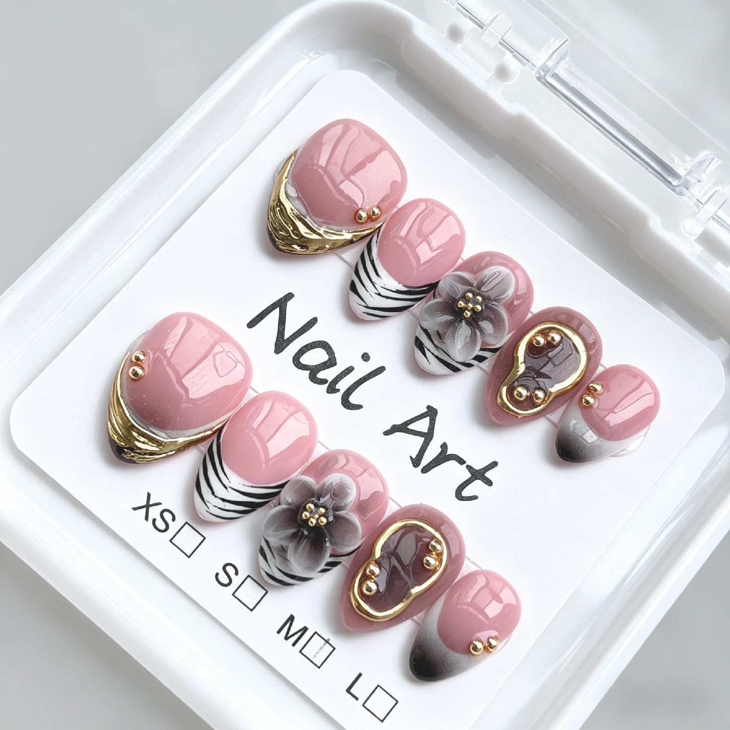Threelegscat Handmade Short Almond Press on Nails, 10 PCS Fake Nails with 3D Flower & Gold Bead, Nude Pink French False Nails, Reusable Size M for Woman Daily& Gift