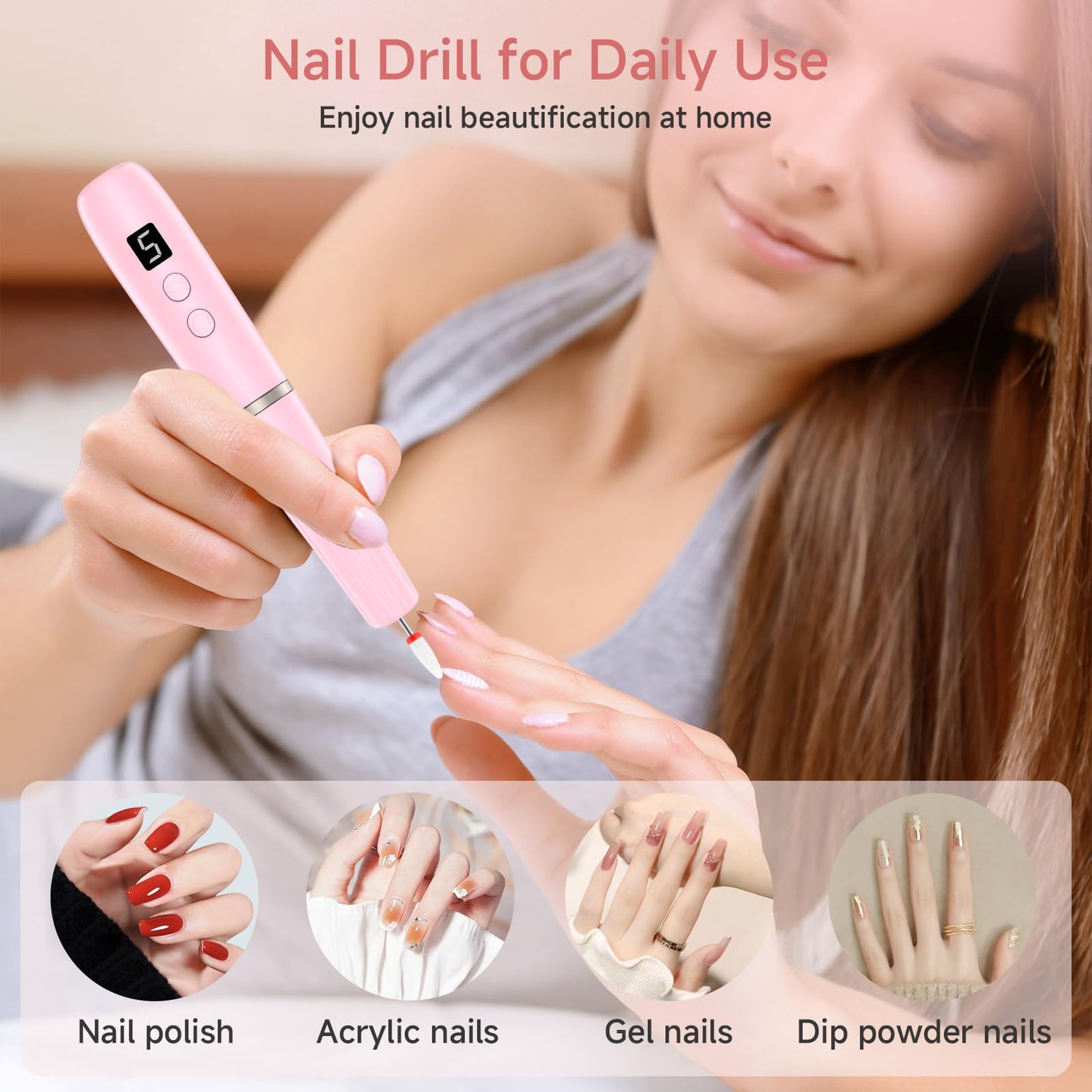 Electric Nail Filer, Professional Nail Drill Kit, Electric Nail Drill Kit, Portable File for Acrylic Gel Nails, Cordless Nail File Electric Manicure Pedicure Tools with Drill Bits for Home Salon