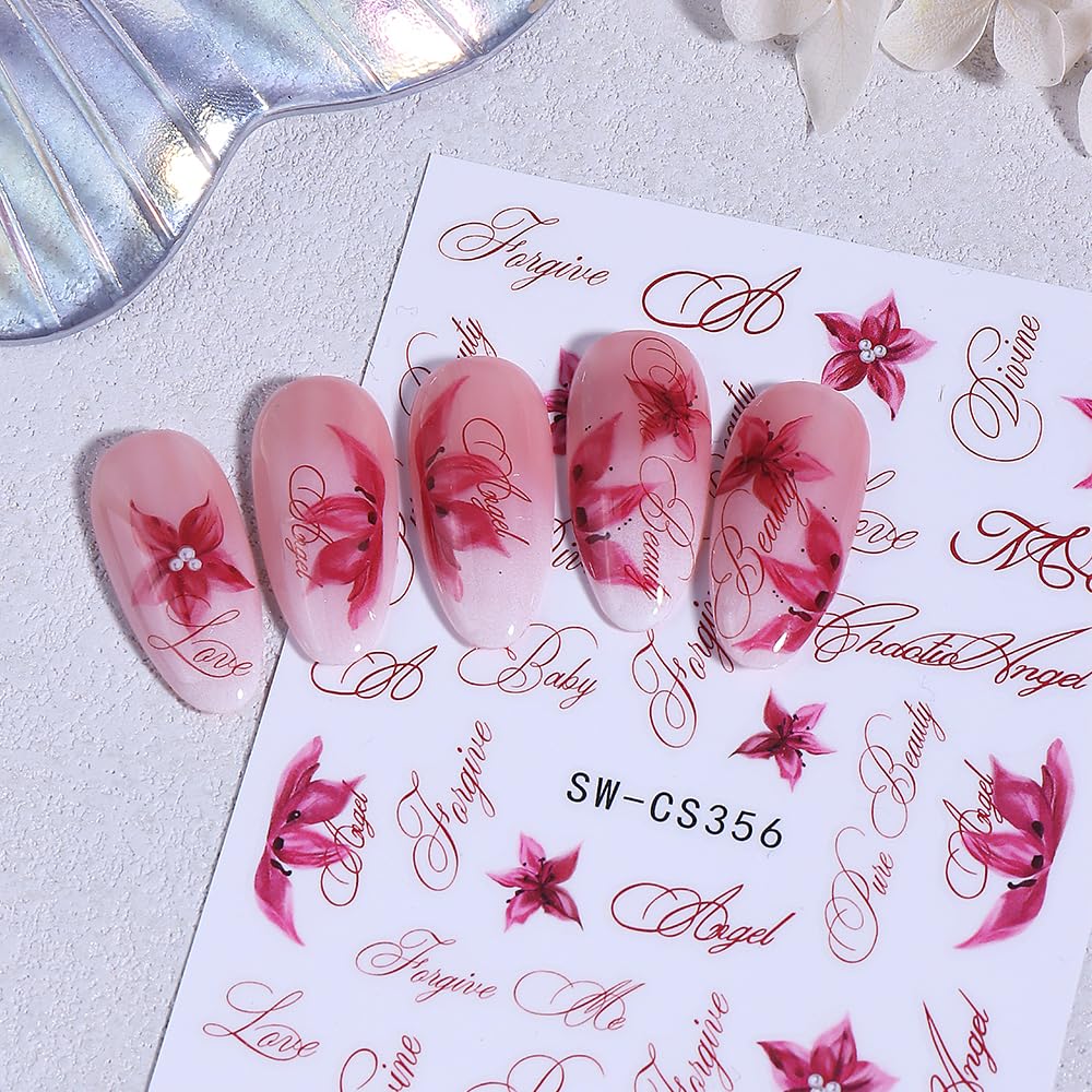 Flowers Nail Art Stickers Retro Cherry Blossom Petals Nail Art Decals 6Sheets 3D Self-Adhesive Lavender Floral Nail Stickers Purple Flower Letter Nail Decals for Women Summer Manicure Decorations