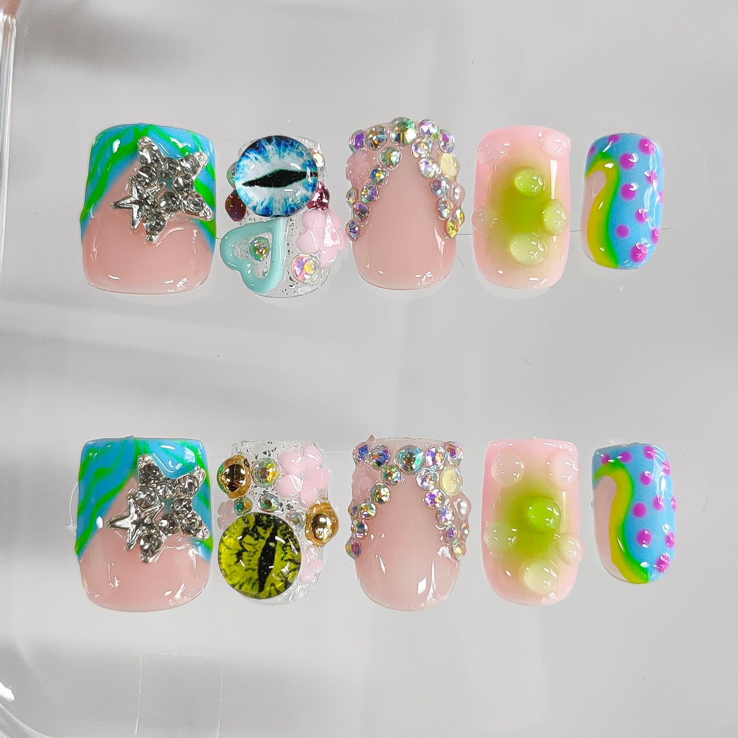 Handmade Press on Nails Short Square 3D French Tip Thick Acrylic Fake Nails Y2K False Nails with Polka Dots Eyes Charms Rhinestones Stars Water Drop Designs Sturdy Nail Art Press on Nails 10Pcs(M)