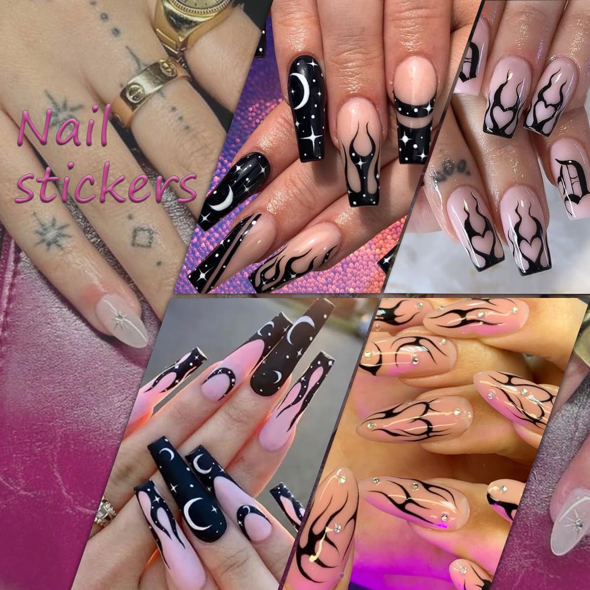 DZPGUONIZ 10 Sheets Black White Nail Art Stickers Snake Nail Decals Star Moon Star Rose Leaf Flame Nail Art Supplies Butterfly Acrylic Nail Supplies 3D Goth Snake Nail Design Stickers DIY Nail Decor