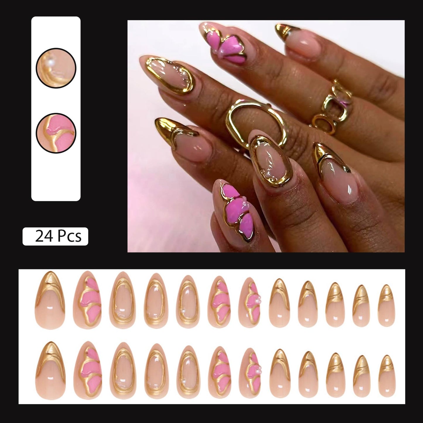 VOTACOS Gold French Tip Press on Nails Almond Medium 3D Butterfly Acrylic Fake Nails Press Ons with Designs Pearl Gold Line Glue on Nail for Women 24PCS Nude Reusable Artificial Stick on False Nail