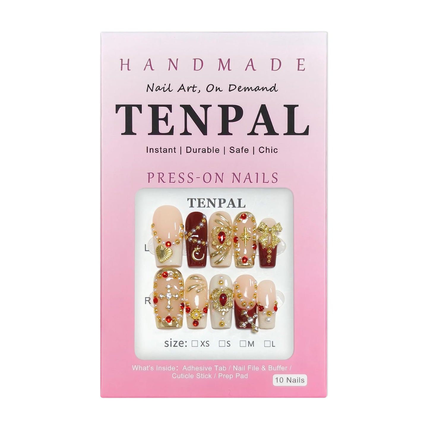 TENPAL Royal Baroque Style Handmade Press on Nails Medium Long- Wine Red & Gold French with 3D Cross Heart Pearl Designs | Regal Y2K Fake Nails with Tools for Women Girls(S)
