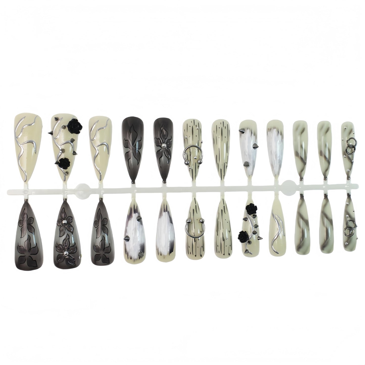 24Pcs Black Press on Nails Long Stiletto Fake Nails with Punk Rose Flower 3D Metal Rivet Steel Balls Charms Design Gothic Acrylic Nails Full Cover Glue on Nails Dark Black Y2k False Nails for Women