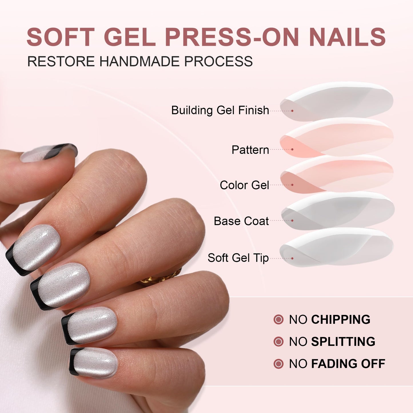 WAFOLOZE French Tip Press On Nails - Silver Cat's Eye Fake Nails with Black French Designs, Glue On Nails Short, Artificial Nails 16 Sizes - 32Pcs Reusable Soft Gel False Nails Tips Kit